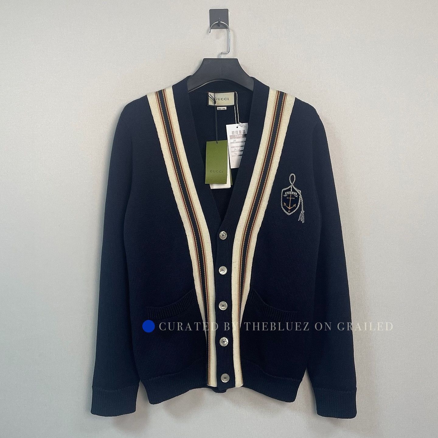 Gucci Elegant Blue Wool Cardigan with Anchor Logo Size US M / EU 48-50 / 2 - 1 Thumbnail