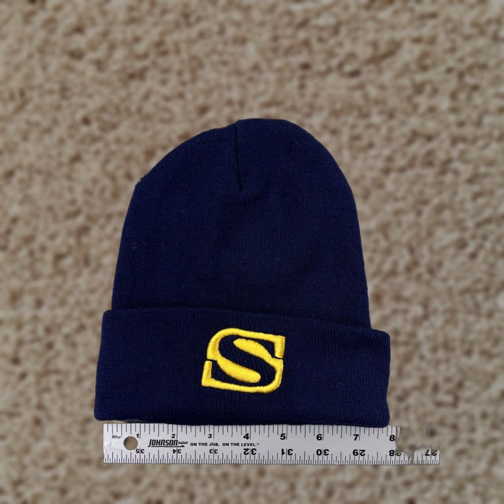 Vintage VINTAGE Beanie Hat Men Adult One Size Blue Yellow Embroidered Letter S Knit Acrylic Ski - Mens Beanie Size ONE SIZE - 1 Thumbnail