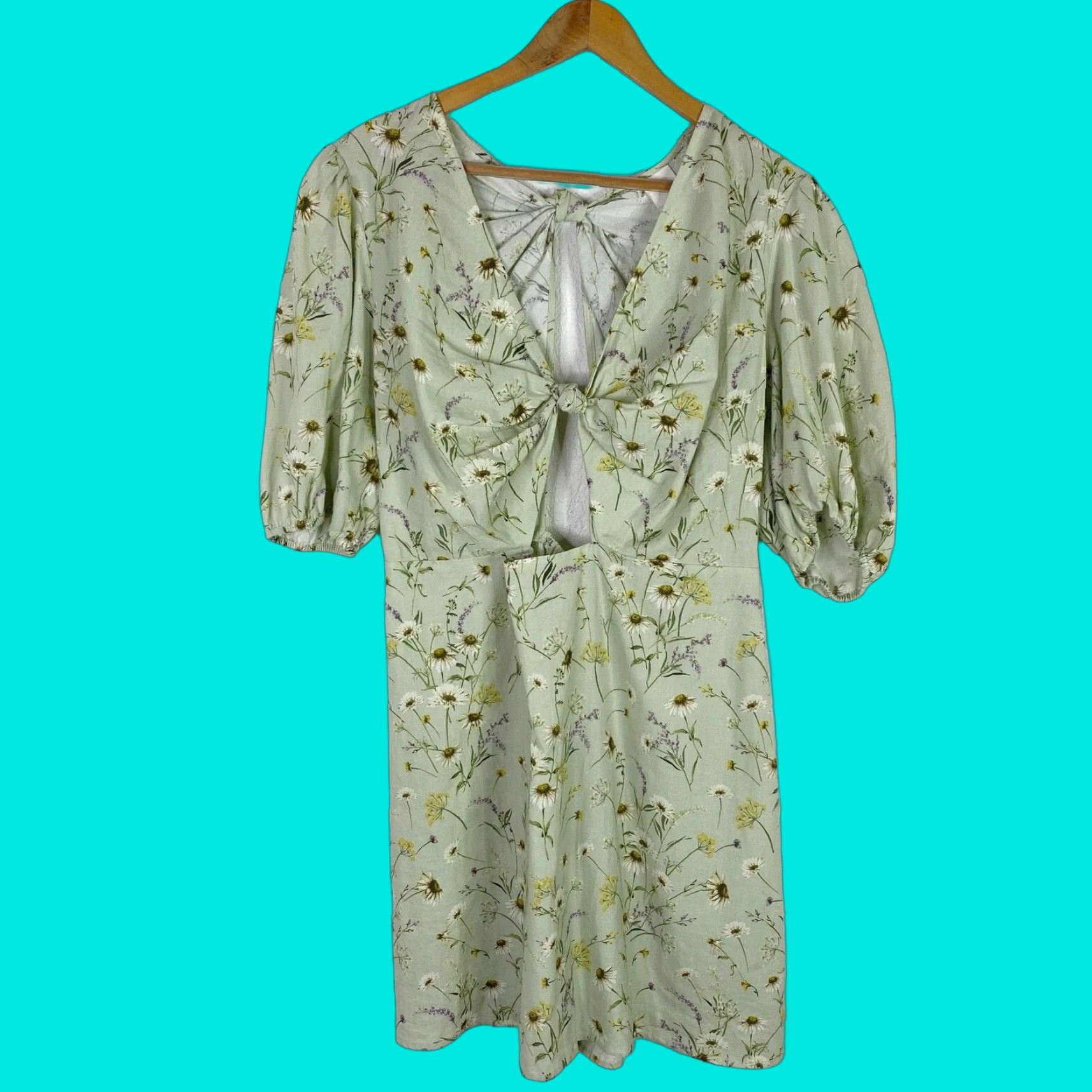 H&M Womens Mini Dress V-Neck Cut Out Floral Linen Blend Green Size L  Regular NWT Spring Floral Print Womens - coffeafoods.com