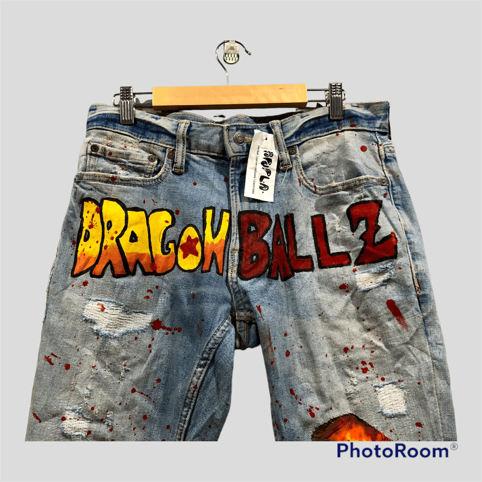 Anime Dragon Ball Z Distressed Jeans Custom Handmade By Pop Up LA Size US 32 / EU 48 - 4 Thumbnail