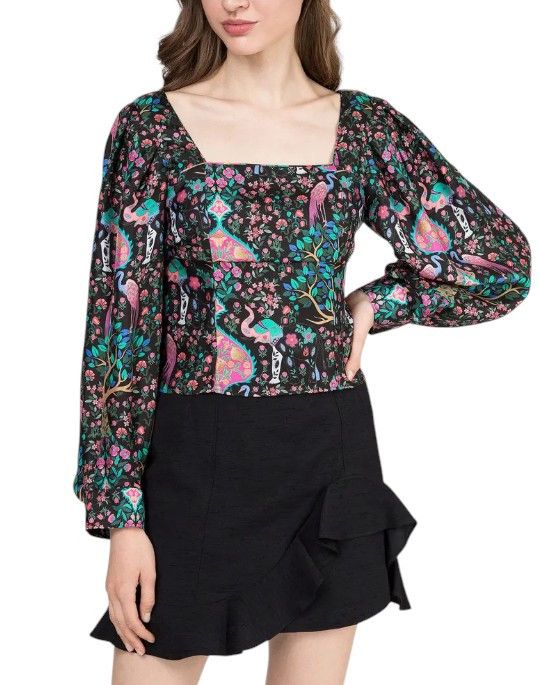 Sandro 0 XS Colourful Silk Square Neckline Cropped Balloon 88509 Size XS / US 0-2 / IT 36-38 - 3 Thumbnail