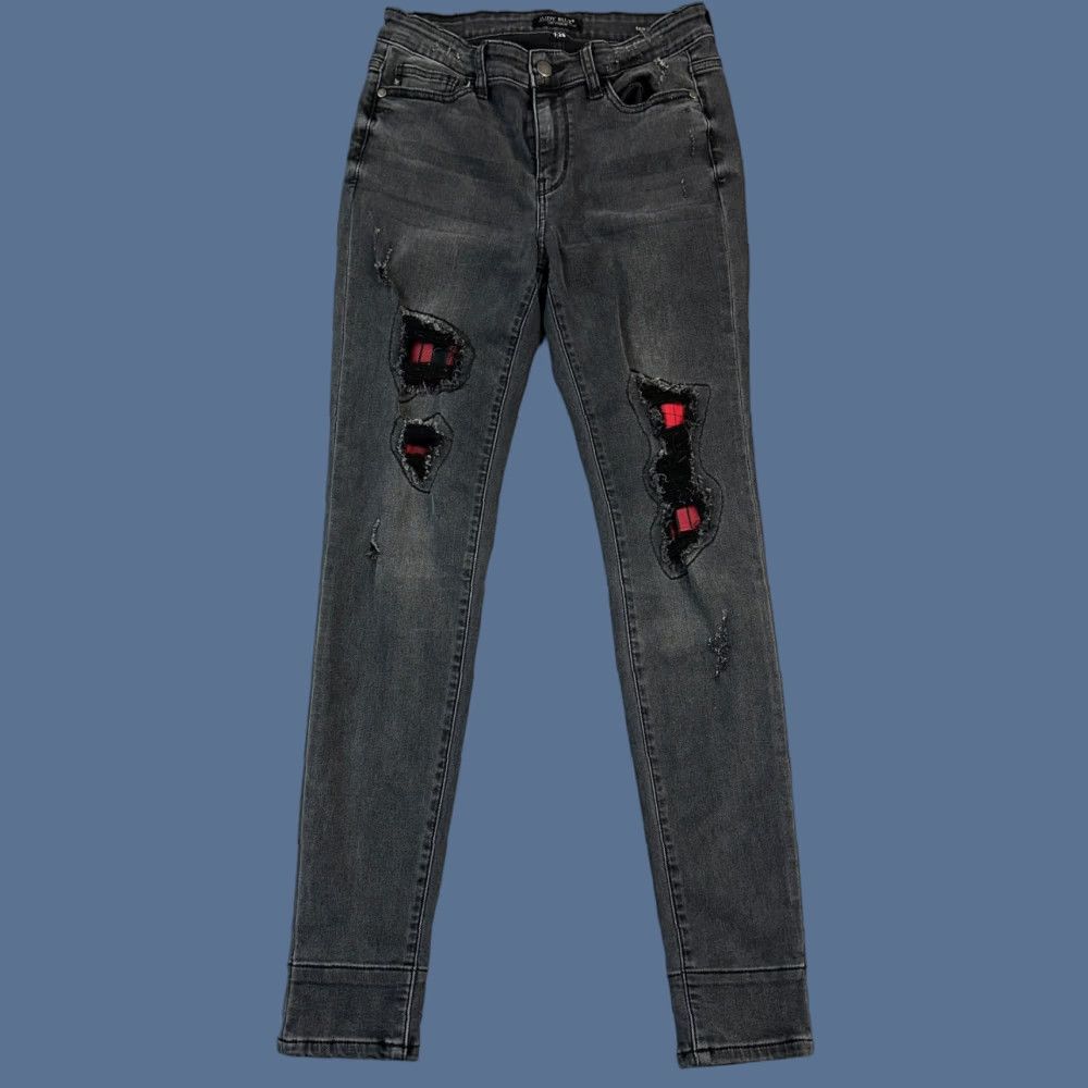 Denime Judy Blue Jeans Women’s 7/28 Black Denim Skinny Fit Distressed Patch Plaid Patch Jeans Size 28" / US 6 / IT 42 - 1 Thumbnail