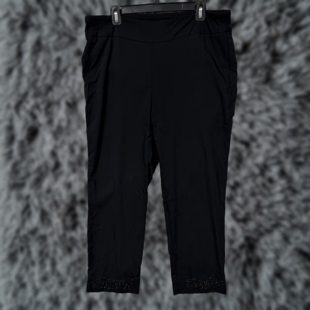 Vintage Roz & Ali Ankle Pants Women 16 Black Rhinestone Hem Stretch Ponte Office Casual Plus Size 26.5 Inseam Pant Womens Size 38" / US 16 / IT 52 - 1 Thumbnail