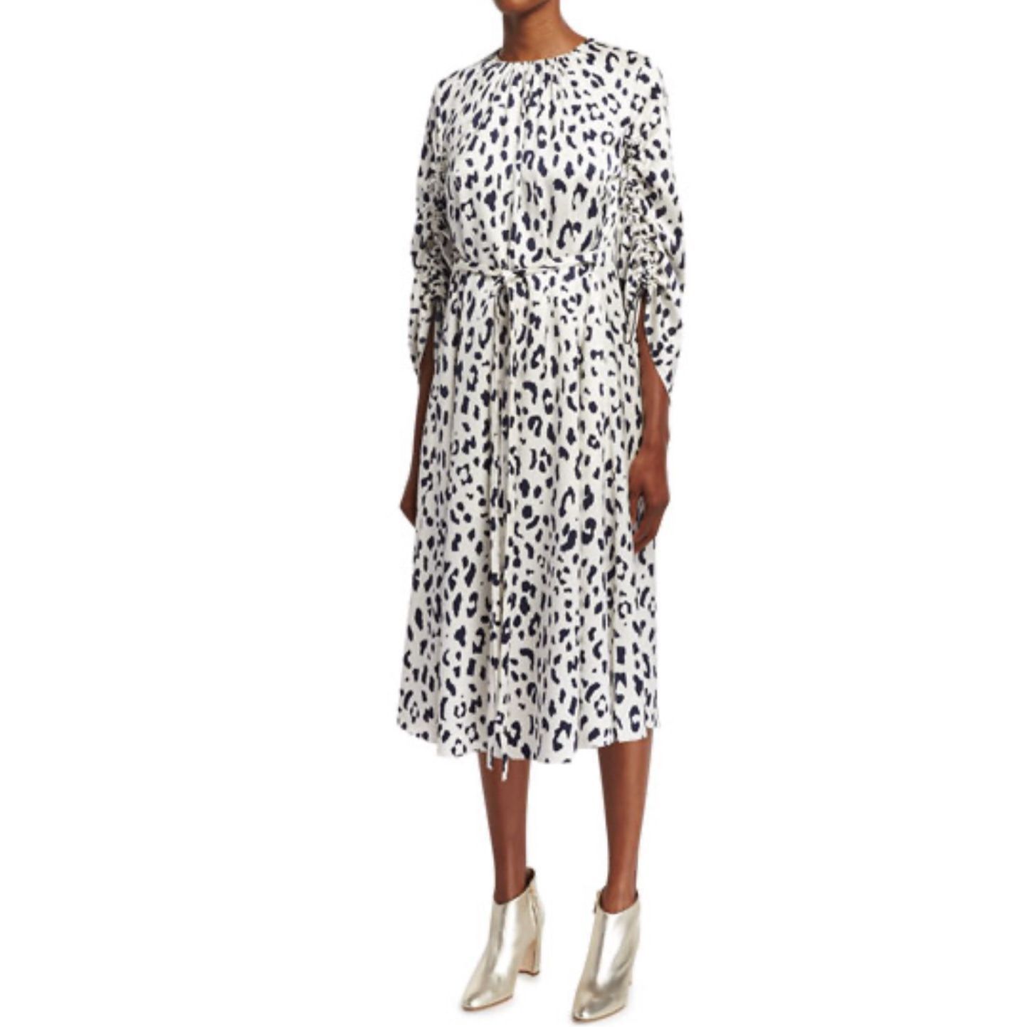 Tibi Tibi Cheetah Silk Sculpted Sleeve Ruched Midi Dress Ivory re Grailed