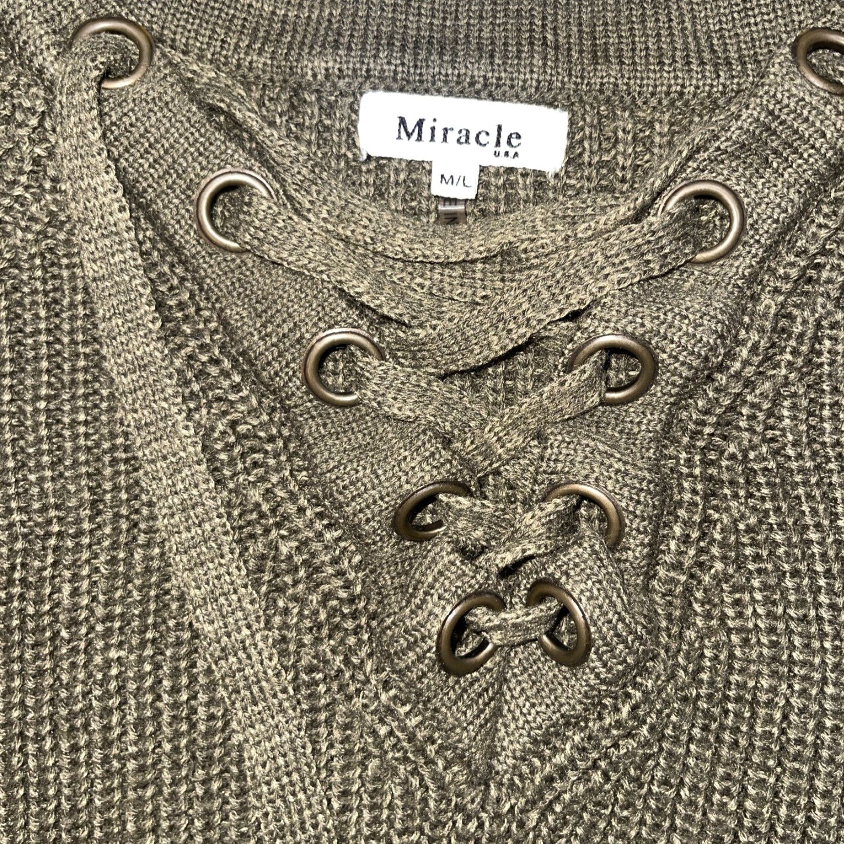 Vintage MIRACLE Women's Sweater 3/4 Sleeve Crewneck Lace Up Chest Dark Olive Army Green M/L Women Size M / US 6-8 / IT 42-44 - 2 Thumbnail