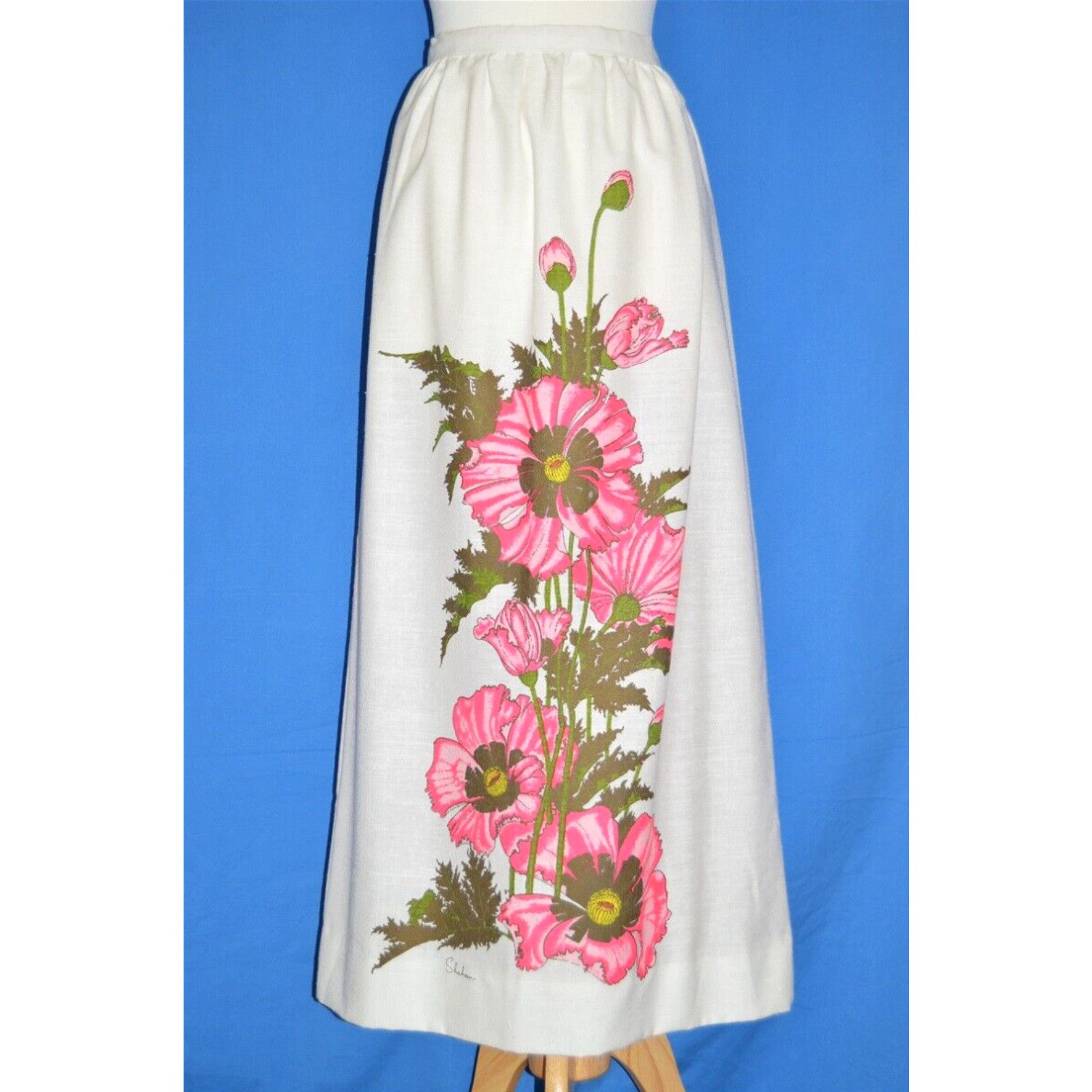 image of Vintage 50S Hawaiian Alfred Shaheen Pink Flowers Hand Print Maxi Skirt Medium M in White, Women's (