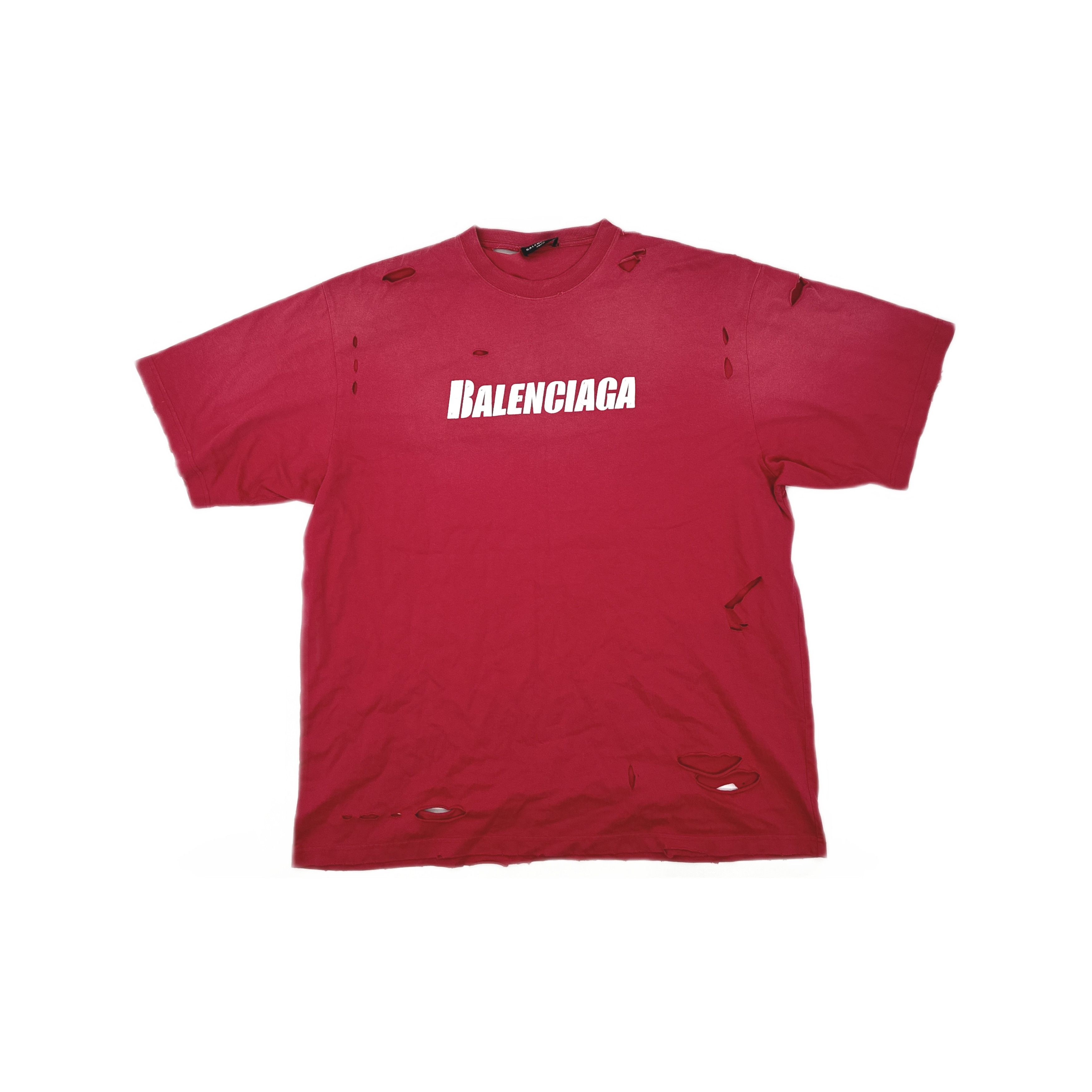 Balenciaga Balenciaga Logo Distressed T-Shirt Red M Size US M / EU 48-50 / 2 - 1 Thumbnail