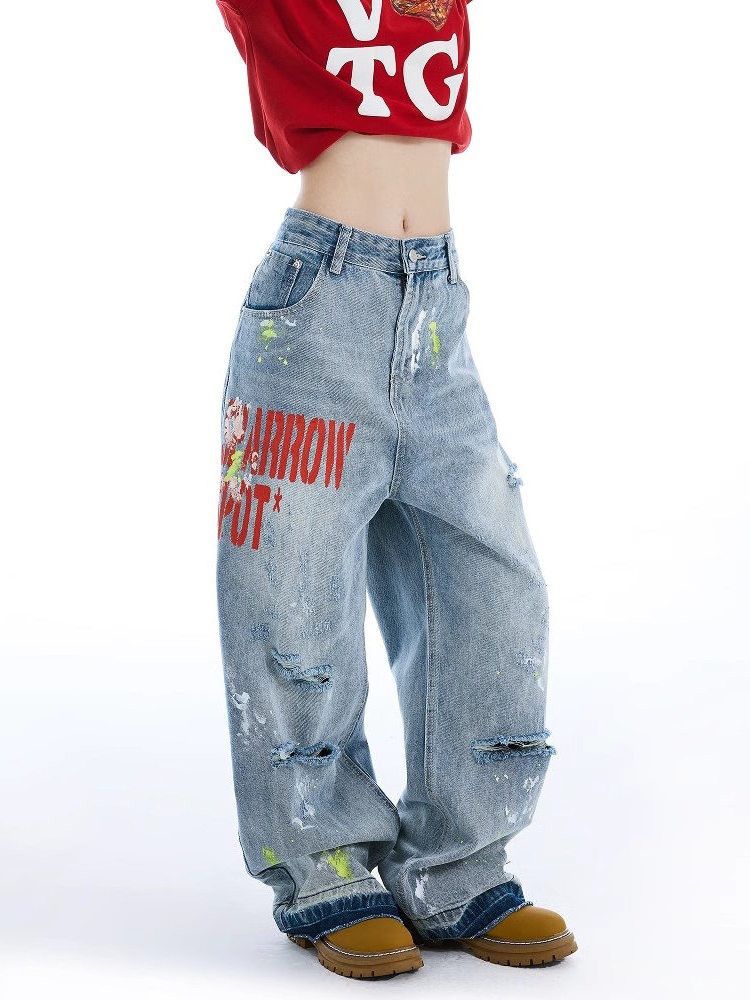 Japanese Brand Street retro men's loose-fitting washed printed ripped jeans Size US 32 / EU 48 - 2 Thumbnail