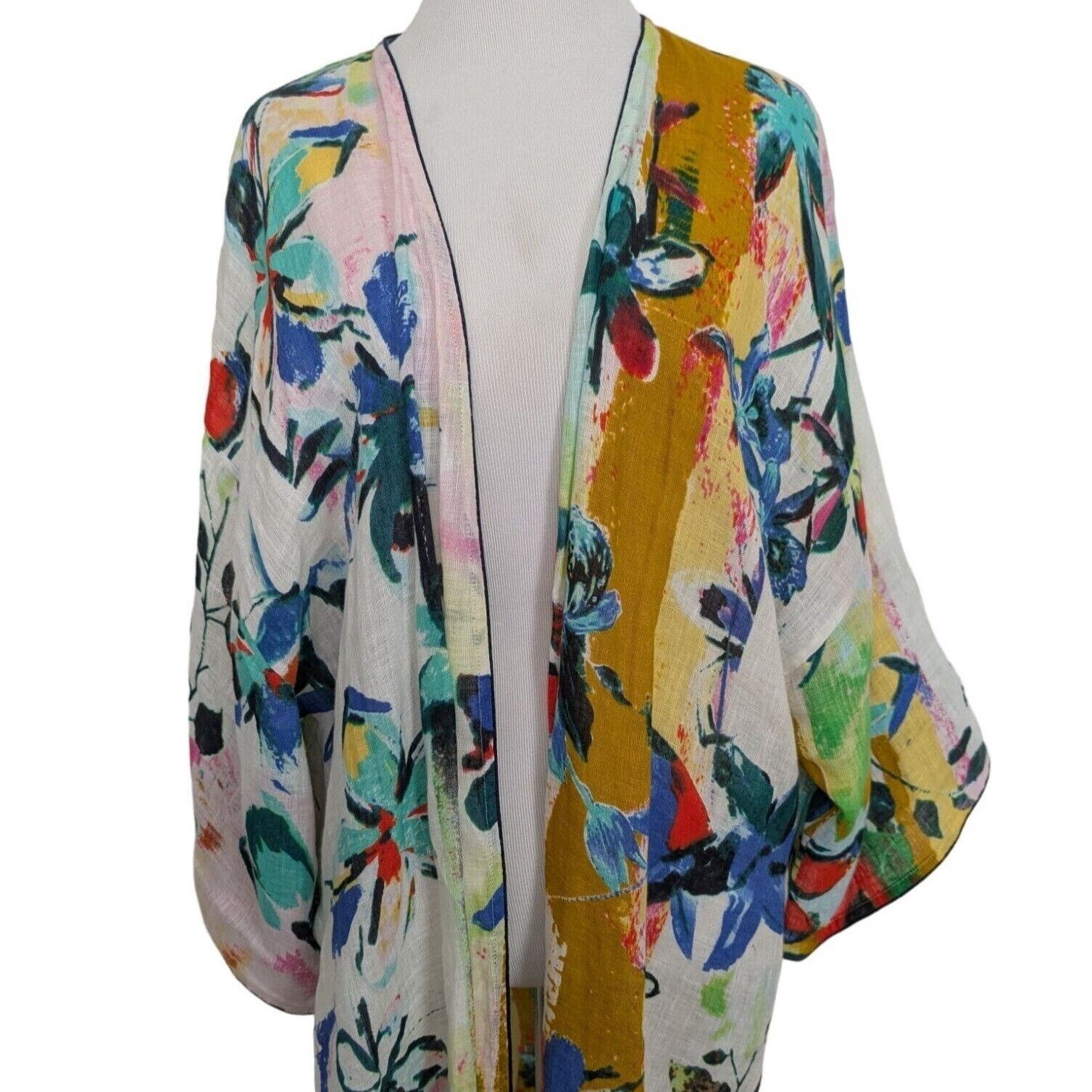 Anthropologie Petanu Pashma Floral Linen Duster Womens One Size White Size ONE SIZE - 2 Thumbnail