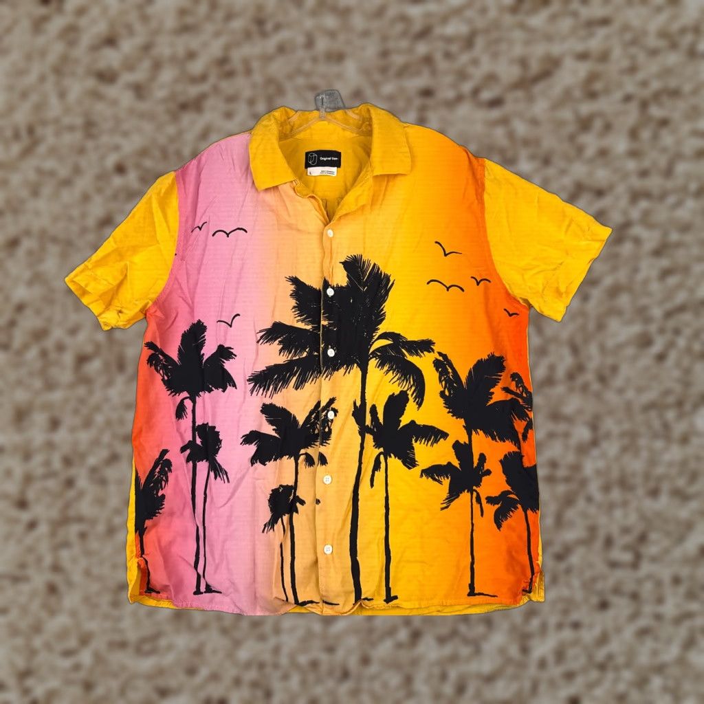 Vintage VINTAGE Original Use Shirt Men Large Pink Yellow Ombre Palm Tree Hawaiian 100% Rayon Size US L / EU 52-54 / 3 - 1 Thumbnail