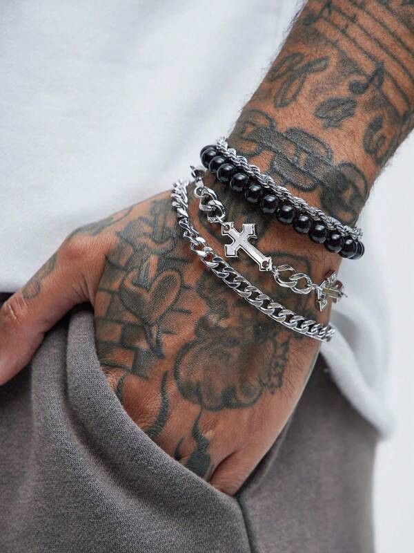 Archival Clothing x Jewelry 4Pc Retropunk/hip Hop Stainless Steel Cross Bead Bracelet in Silver