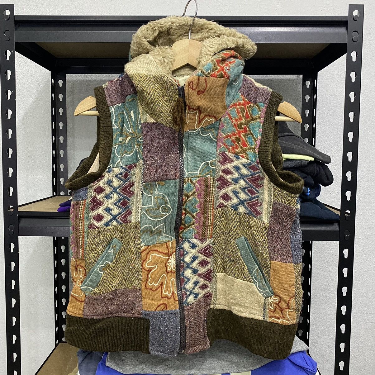 image of Vintage Patchwork Design Vest Hoodie in White, Men's (Size Medium)