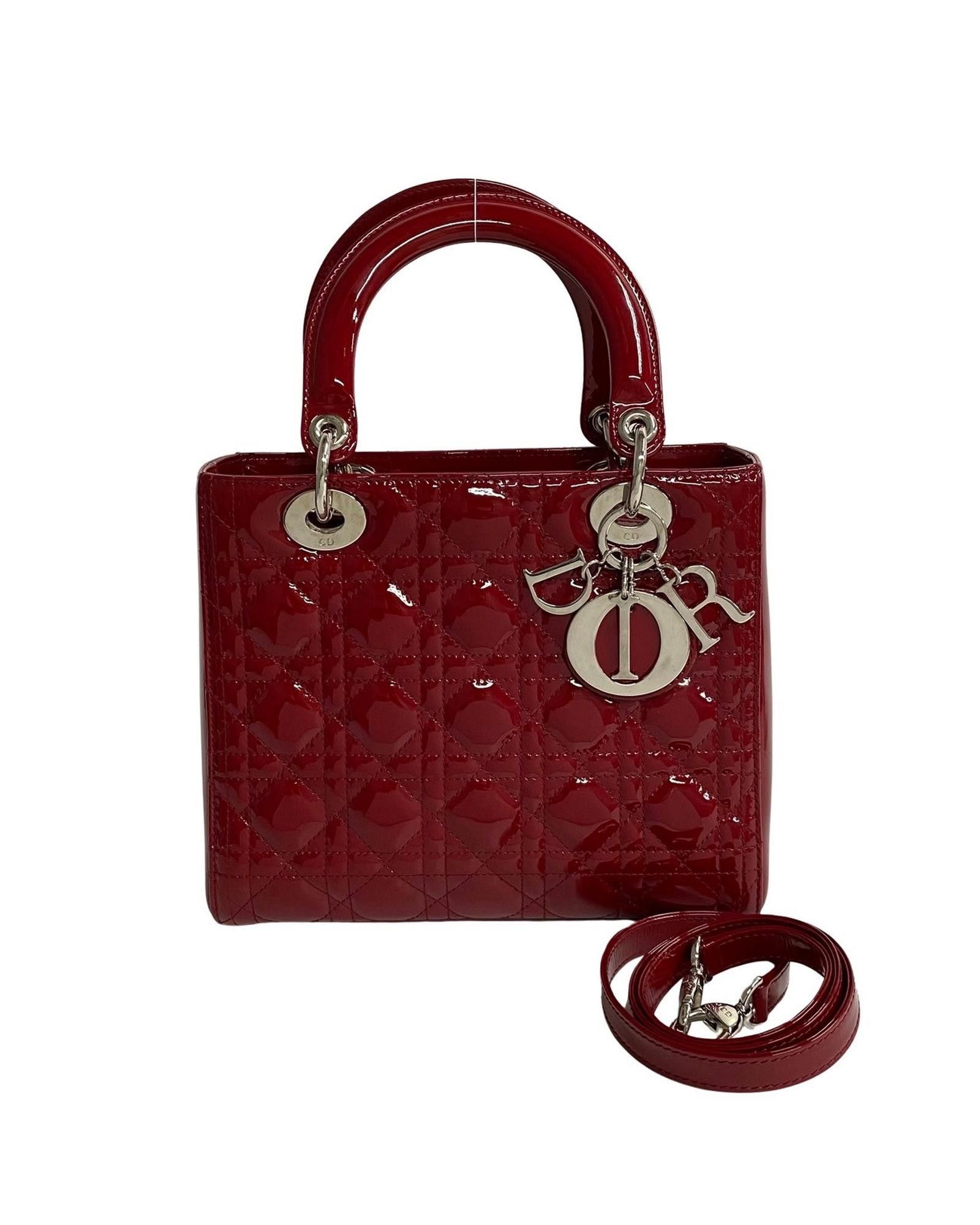 image of Medium Cannage Patent Lady Dior Bag In Red, Women's