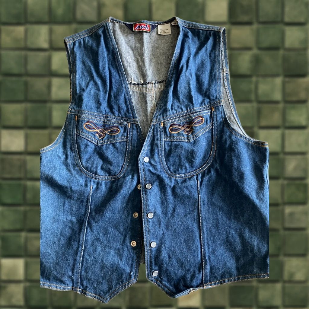 J Brand VINTAGE Brand Male Denim Jean Vest 70s 60s Pearl Snap Embroidered Blue Denim Medium Mens Vest Size US 31 - 1 Thumbnail