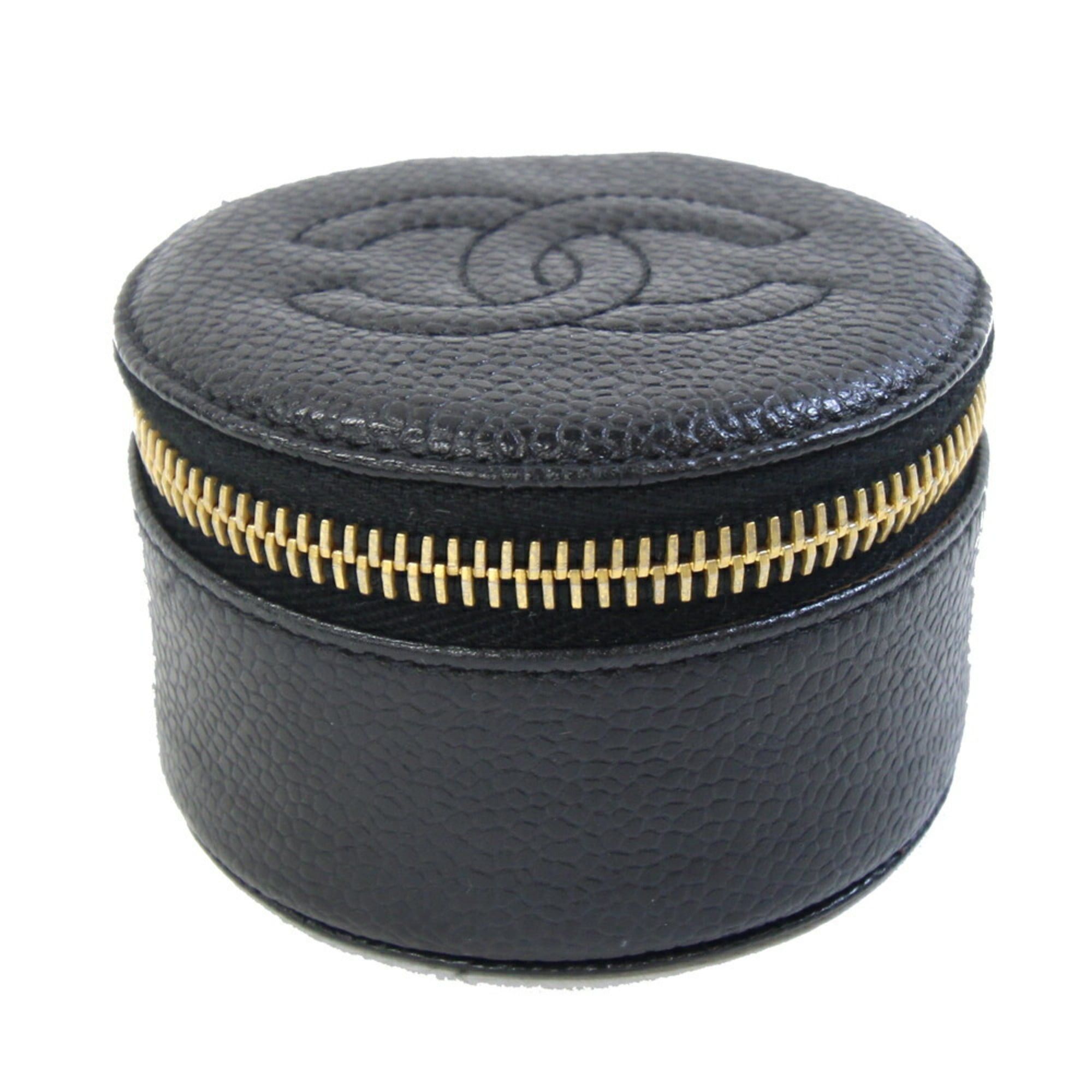 CHANEL Case Coco Mark A02786 Black Caviar Leather Pouch Round Women's