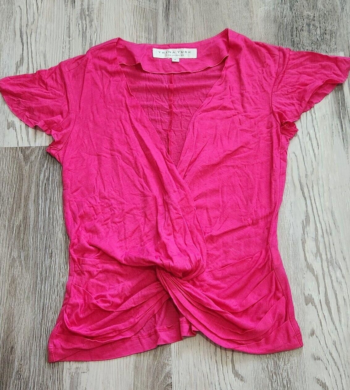 Designer Trina Turk Top Petite Small Hot Pink V Neck Silky Cap Size S / US 4 / IT 40 - 1 Thumbnail