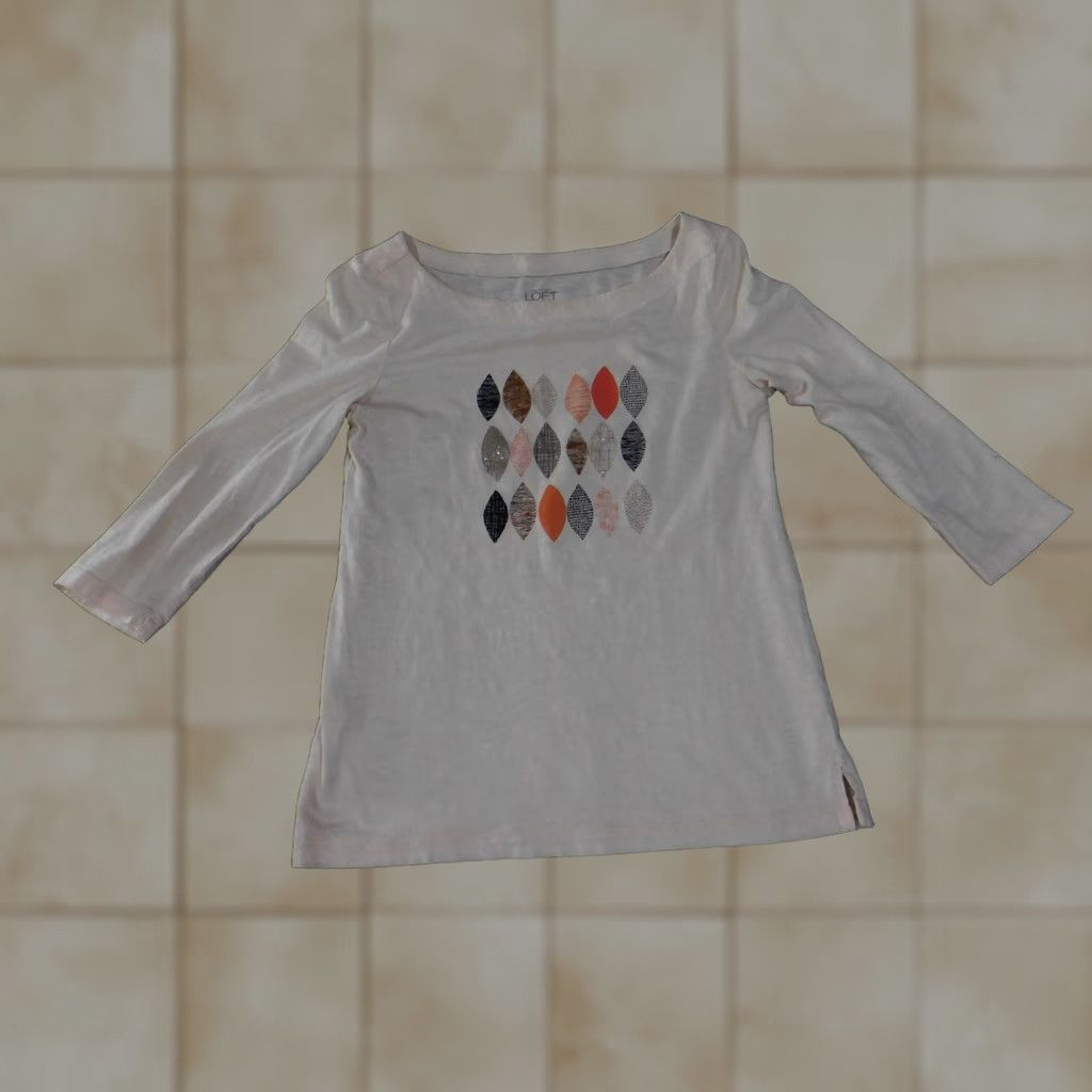 Loft LOFT Shirt Womens 2XS Beige Geometric 3/4 Sleeve Top Round Neck Casual T-Shirt Size XXS / US 00 / IT 34 - 1 Thumbnail