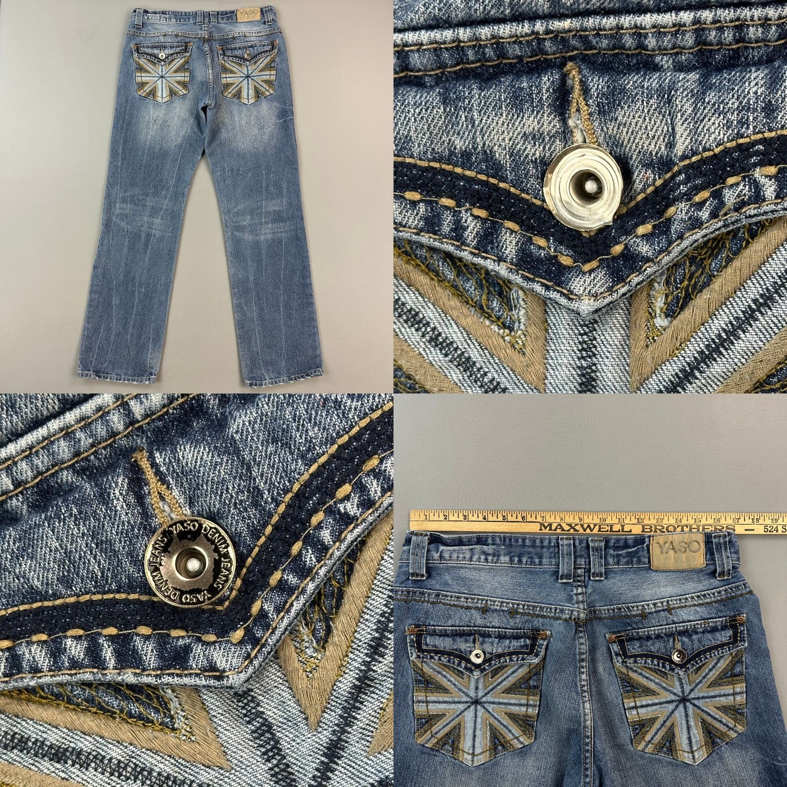 Vintage VINTAGE YASO Jeans Mens 34x33 Blue Straight Distressed Embroidered Pocket Y2K Jeans Size US 34 / EU 50 - 9 Thumbnail