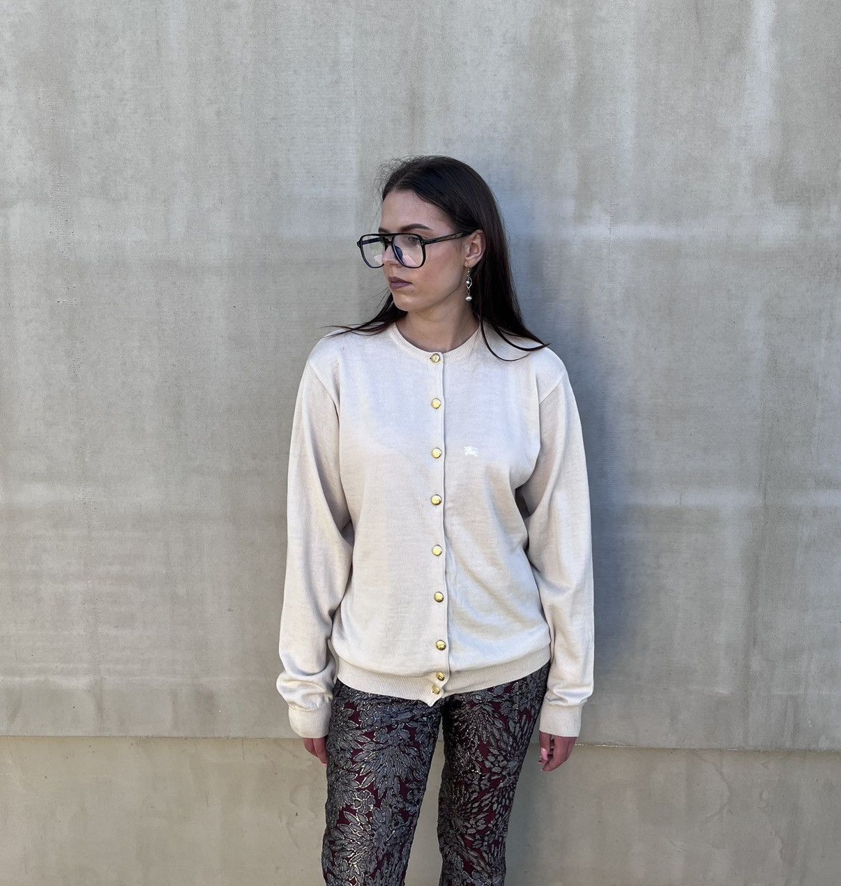 Burberry Burberrys Women Cardigan Beige Wool Vintage Gold Button Logo Size XL / US 12-14 / IT 48-50 - 2 Thumbnail