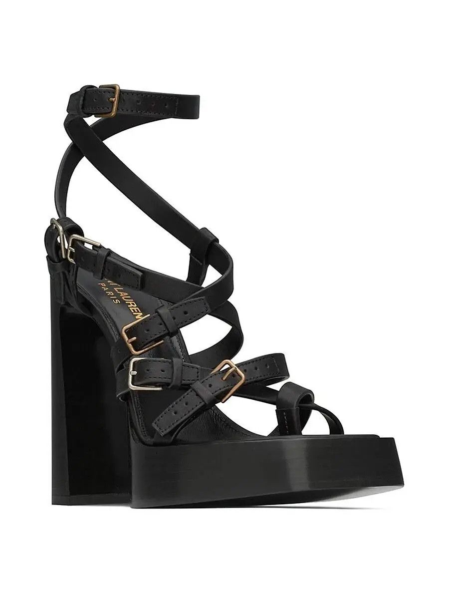 Saint Laurent Paris o1b1hav111224 Platz Platform Sandals in Smooth Leather Black Size US 5 / IT 35 - 10 Thumbnail