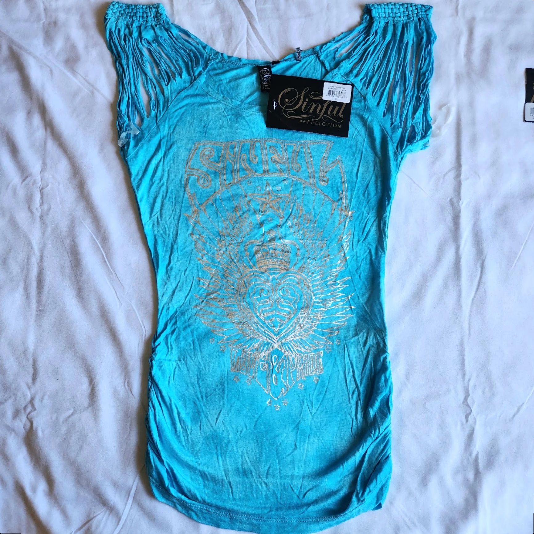 Affliction Sinful By Affliction First Love Women's S Blue Biker Y2K Cyber Grunge Top Shirt Size S / US 4 / IT 40 - 4 Thumbnail
