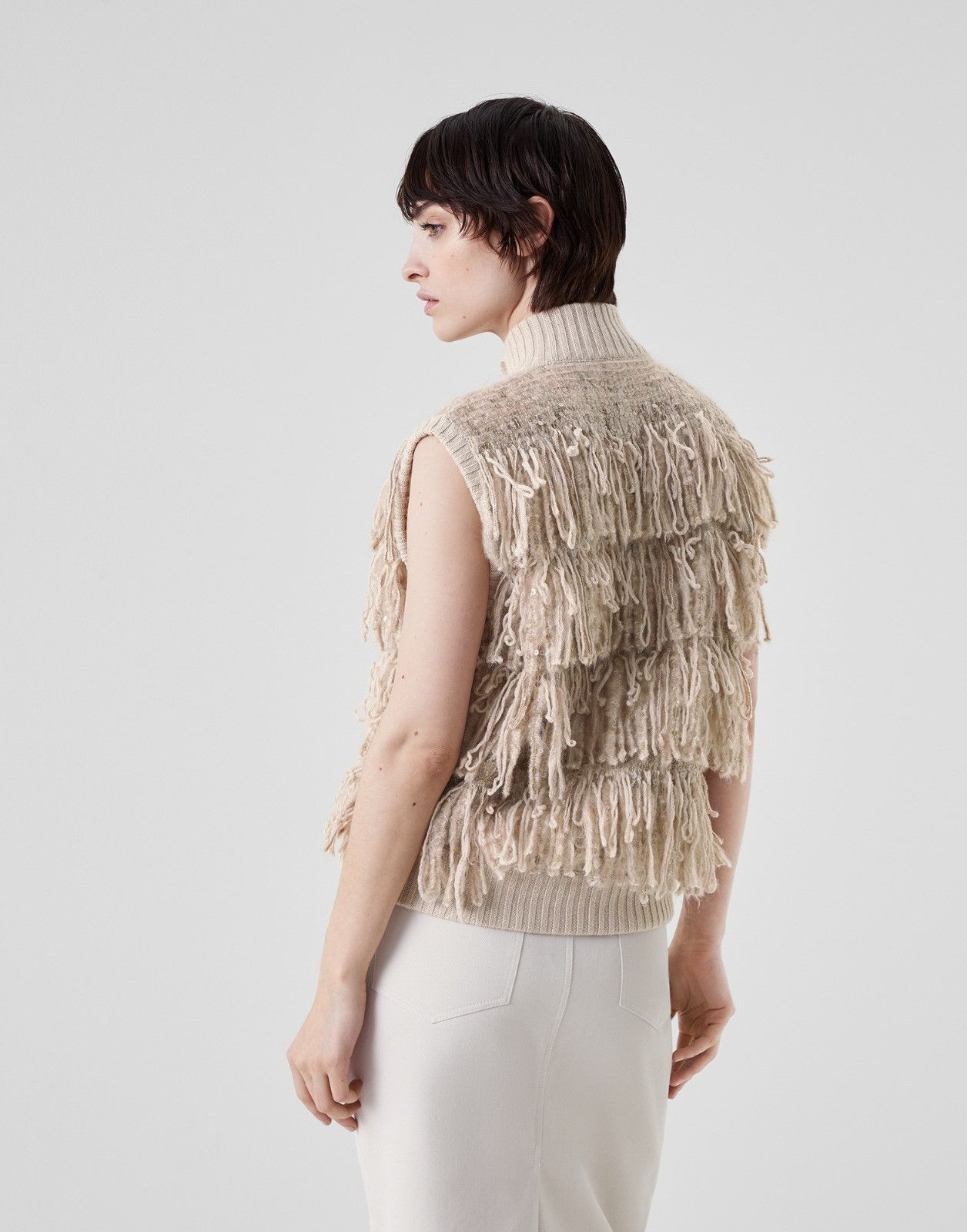 Brunello Cucinelli o1la1rc1a0225 Vest With Fringes in Beige Size L / US 10 / IT 46 - 2 Thumbnail