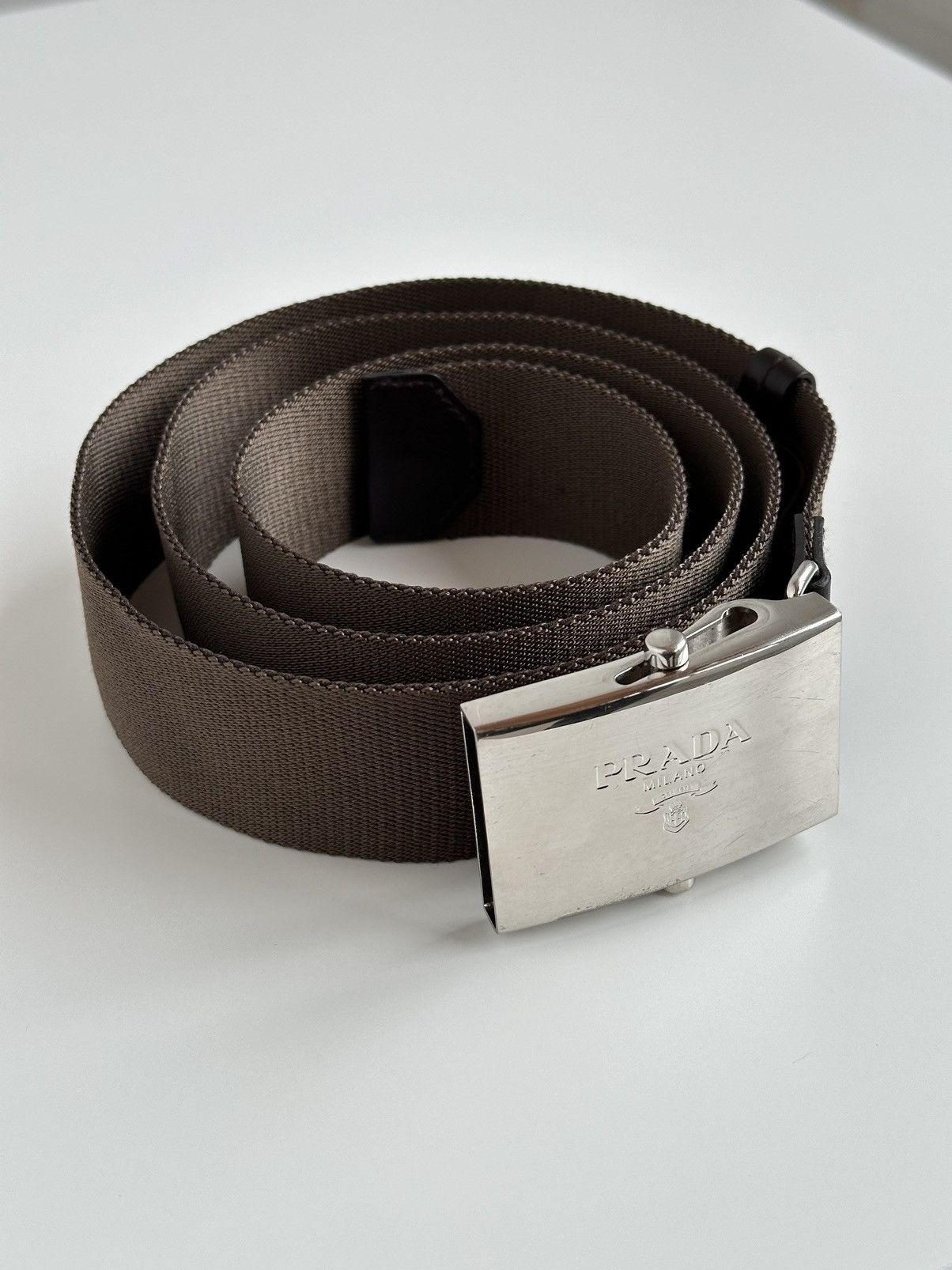 Prada Prada Logo Metal Silver Buckle Nylon / Leather Belt Size ONE SIZE - 2 Thumbnail