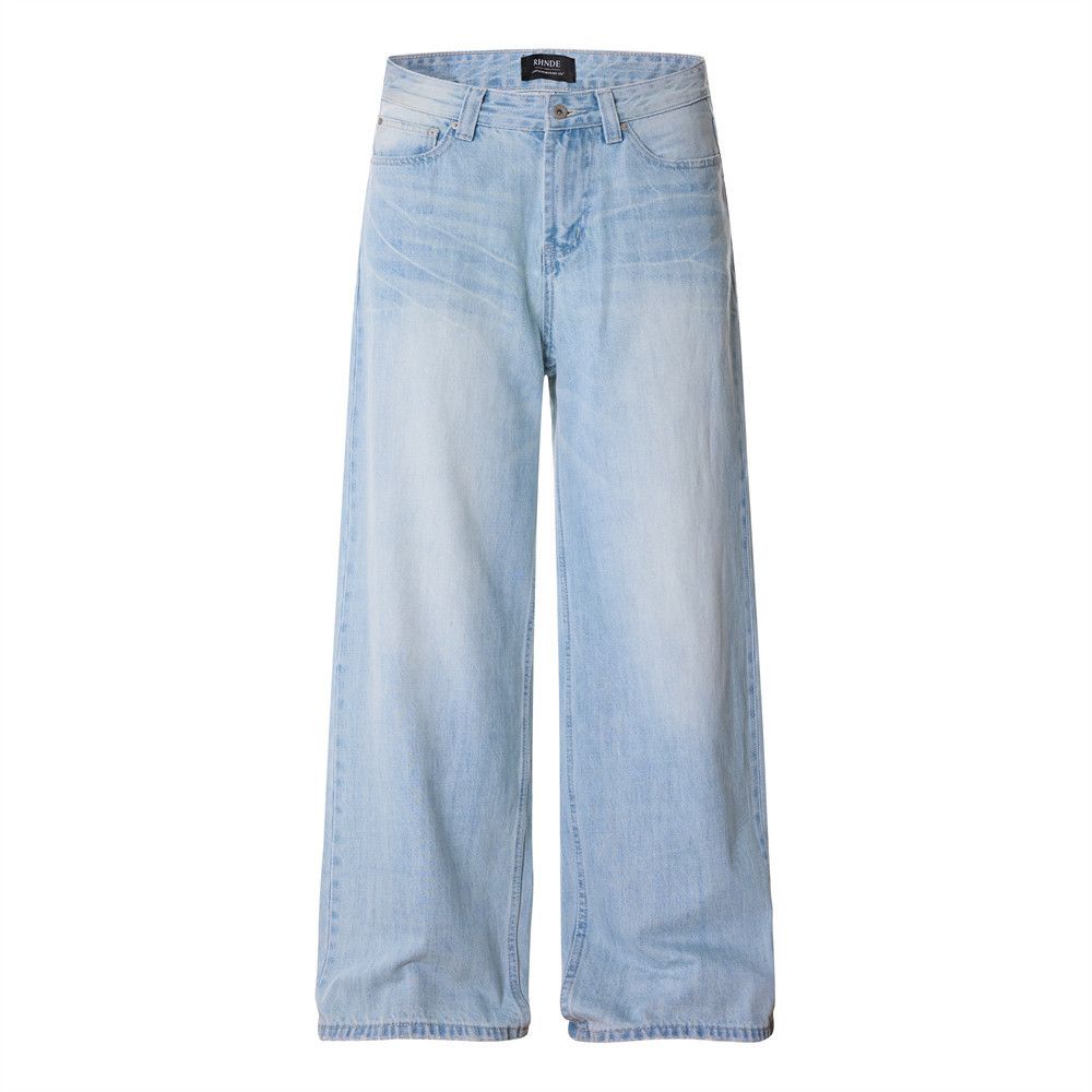 Retro men's distressed washed light-colored jeans