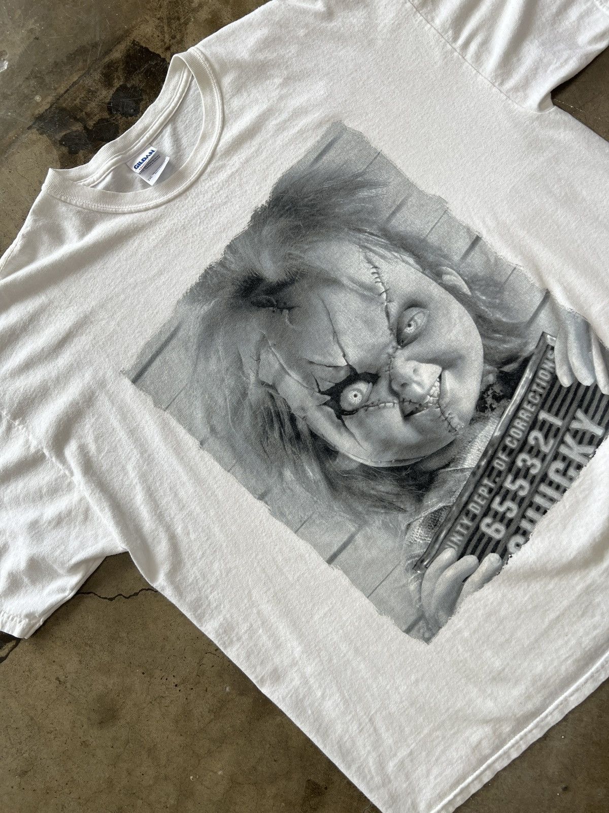 image of Vintage Mugshot Chucky Tee Sz. in White, Men's (Size 2XL)