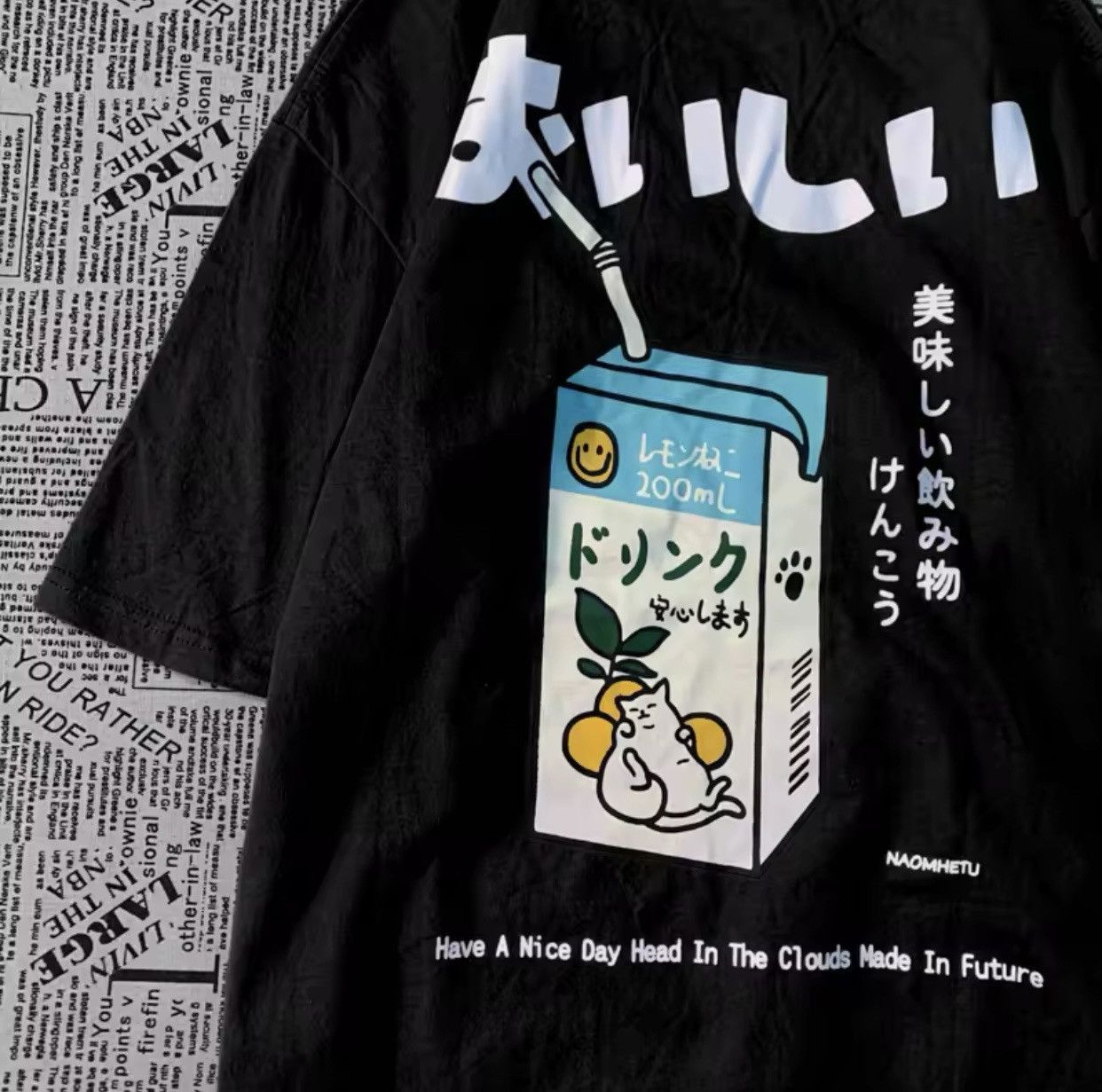 Japanese Brand Cute Japanese Cat Print Oversized T-shirt Short Sleeve Loose Size US S / EU 44-46 / 1 - 2 Thumbnail
