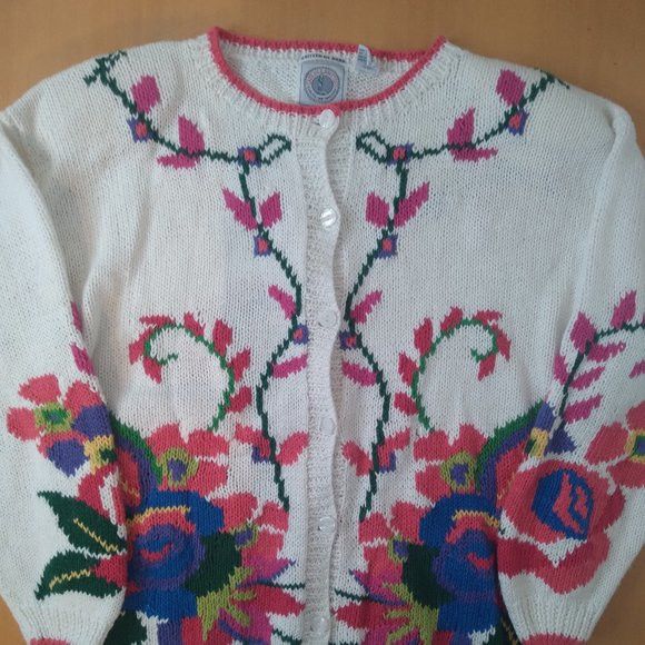 Vintage Cape Isle Knitters Floral Cardigan Sweater Handmade