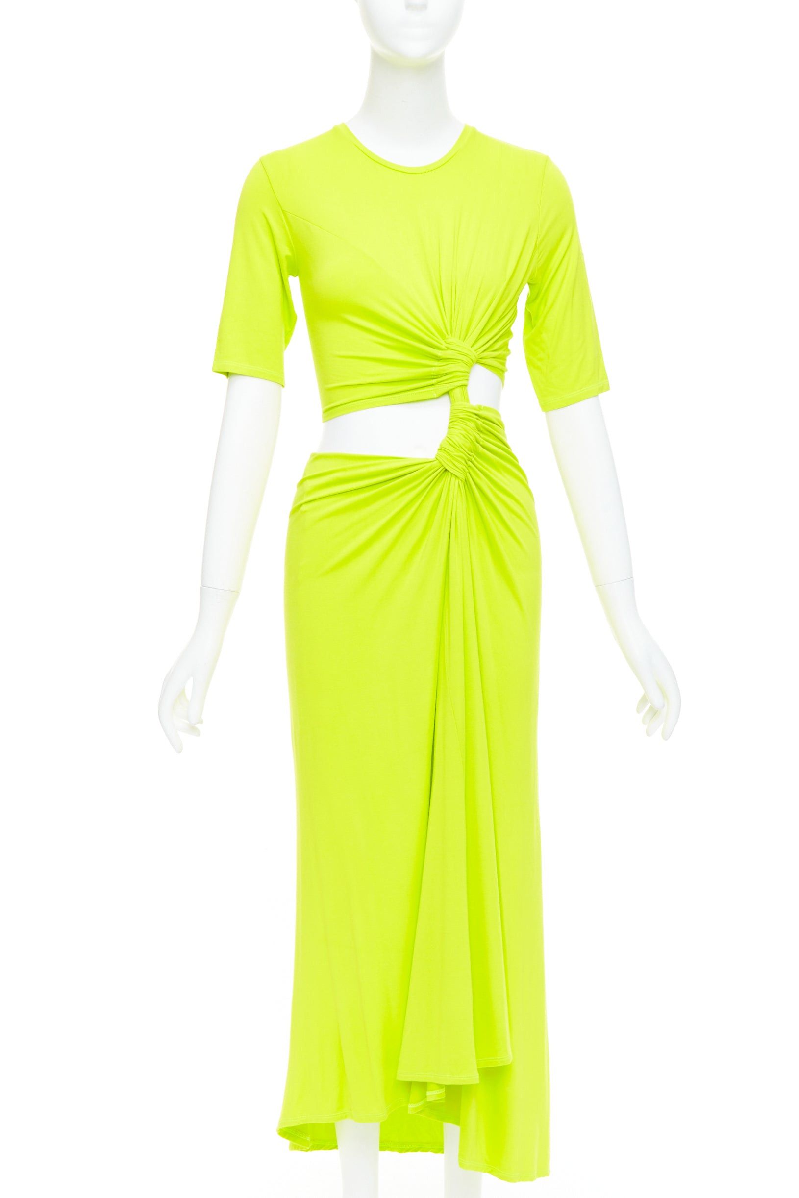 Other SID NEIGUM neon yellow stretch satin twist cut out draped dress XS Size S / US 4 / IT 40 - 1 Thumbnail