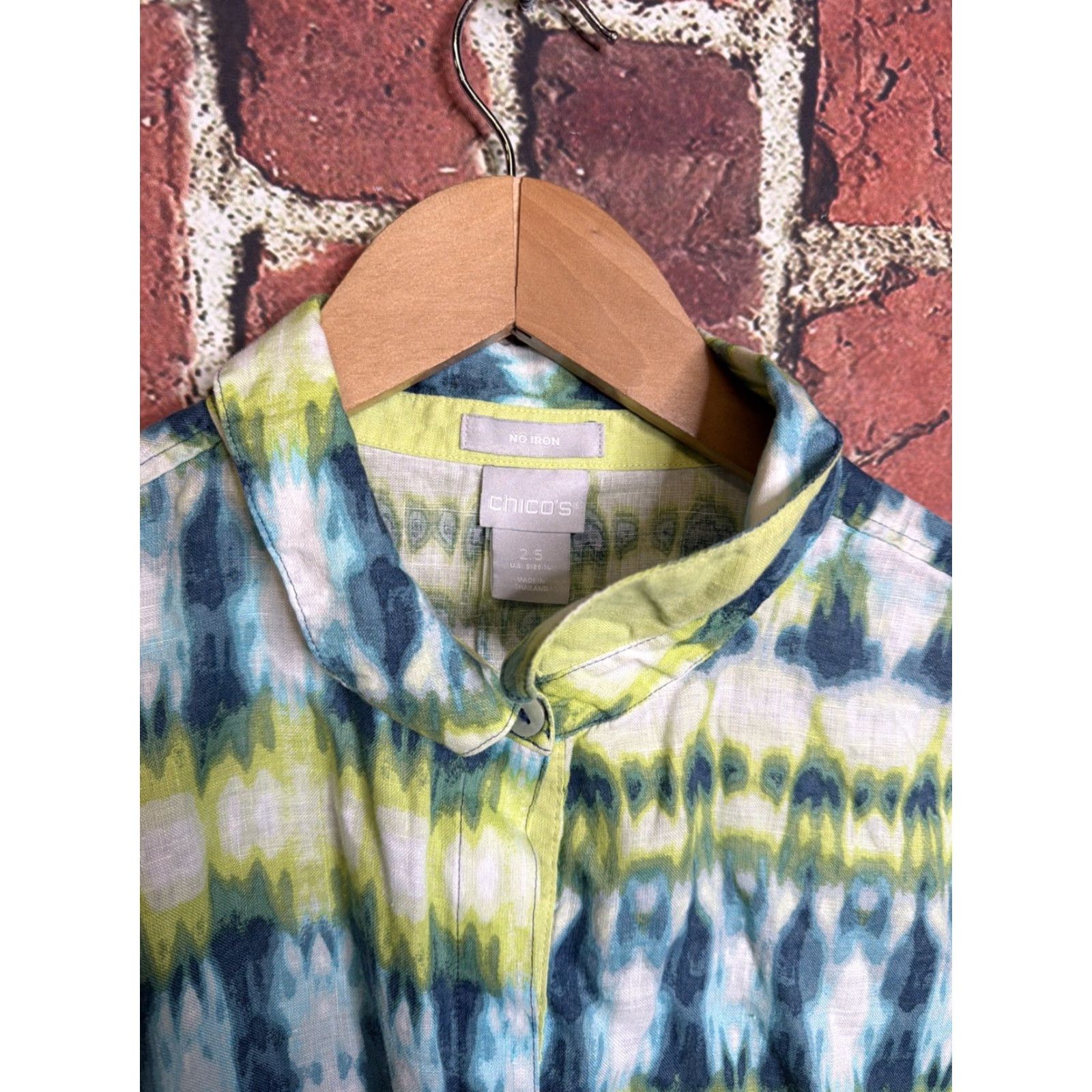 Vintage Chico's 100% Linen Large (Size 2.5, 14) No Iron Green & Blue Button Up Shirt Size XL / US 12-14 / IT 48-50 - 2 Thumbnail