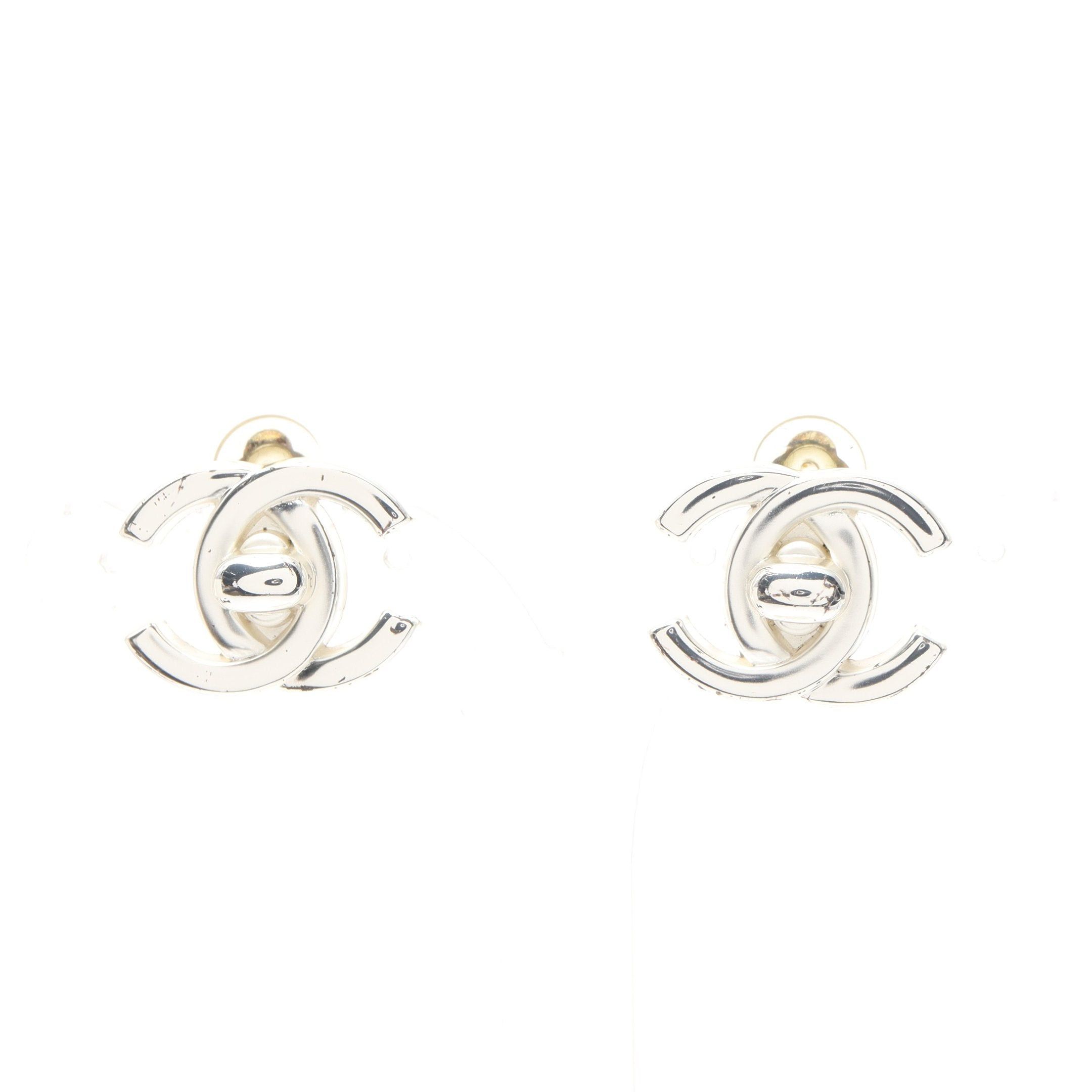 image of Chanel Coco Mark Turn Lock Earrings Silver 96A, Women's