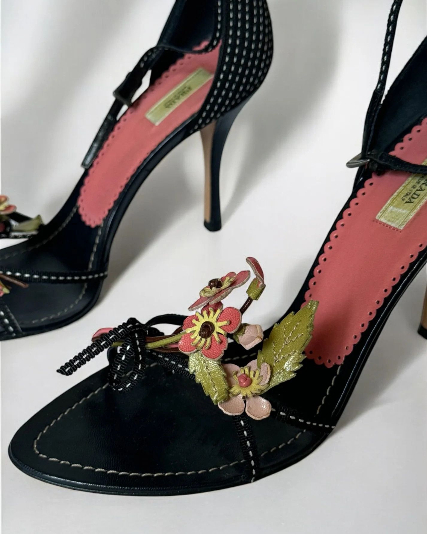 Prada Prada Black Leather Flower Bouquet Heels, c. 2000s Size US 5 / IT 35 - 2 Thumbnail