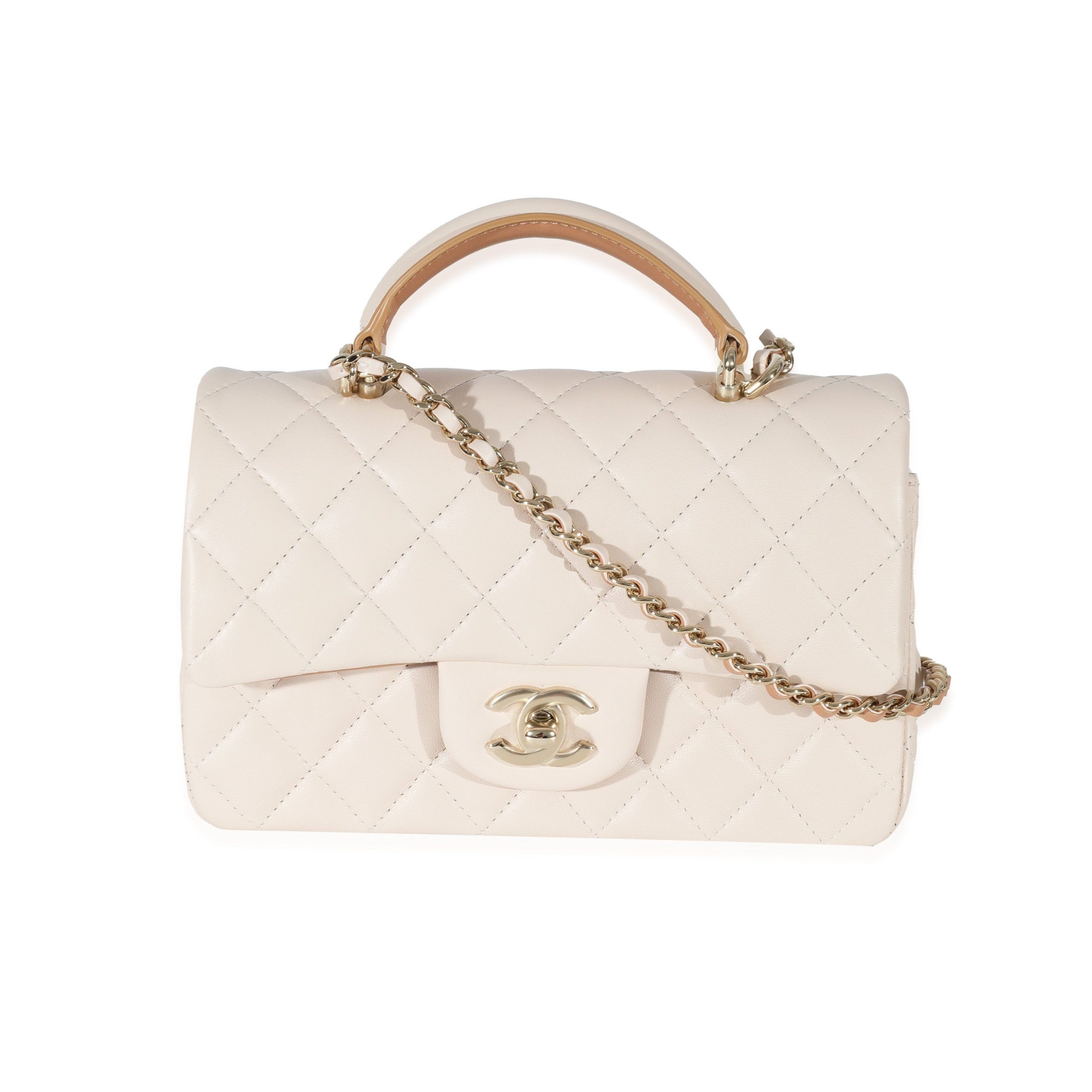image of Chanel Beige Brown Quilted Bi-Color Lambskin Mini Top Handle Rectangular Flap, Women's