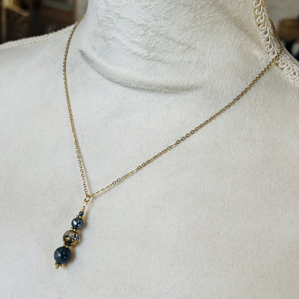 Handmade Handcrafted di-cut art glass larvikite pearl necklace set Size ONE SIZE - 6 Thumbnail