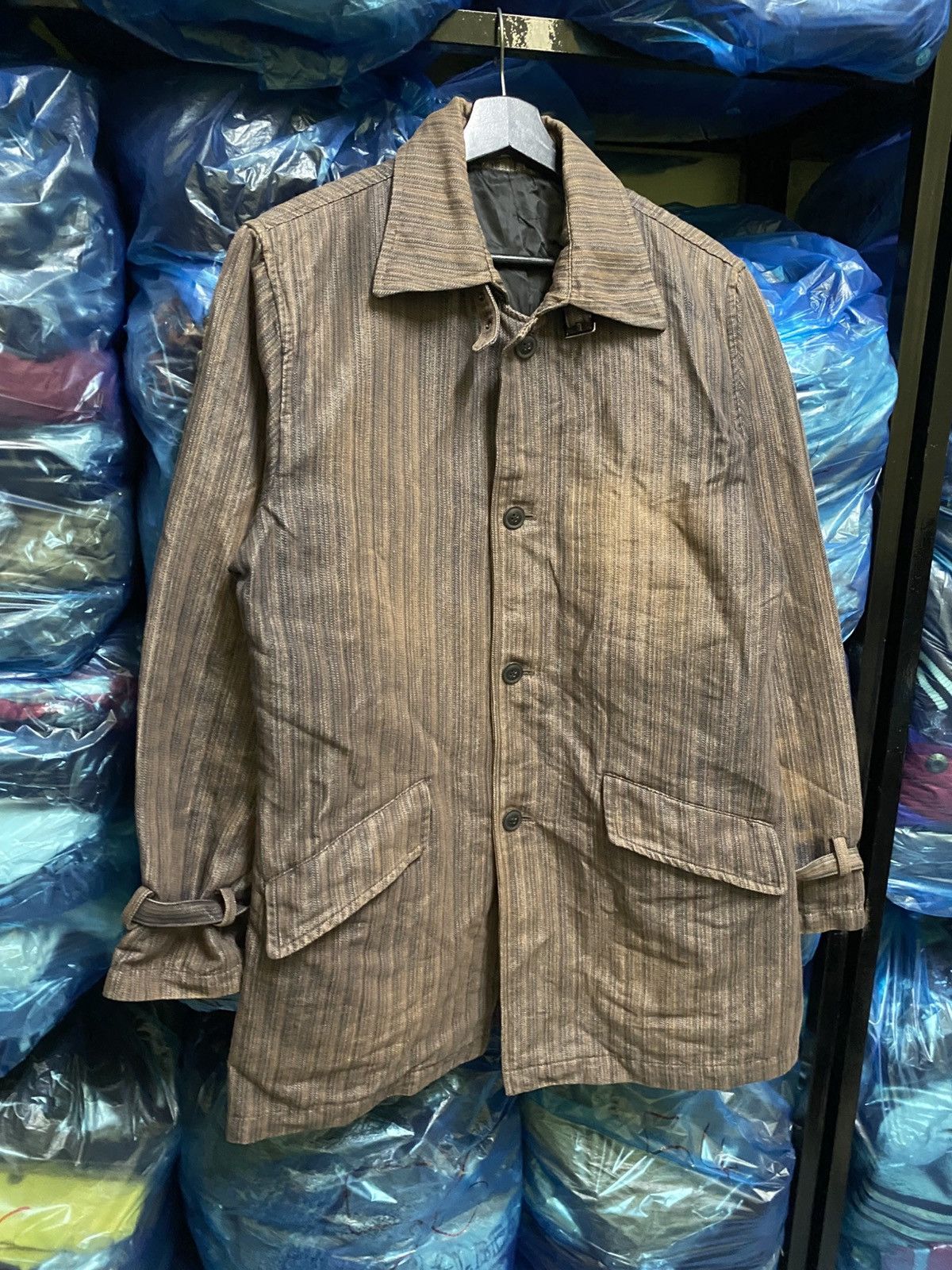 Japanese Brand PLACE PLAN Tokyo Brown Striped Cotton Blend Trench Coat Size US L / EU 52-54 / 3 - 5 Thumbnail