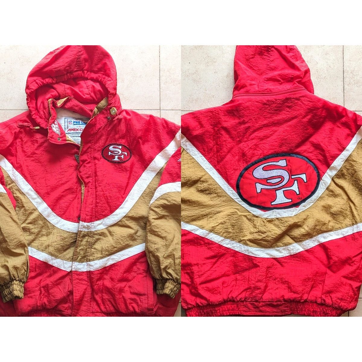 SF 49ers 90s APEX puffer jacket hood XL red gold NFL vintage