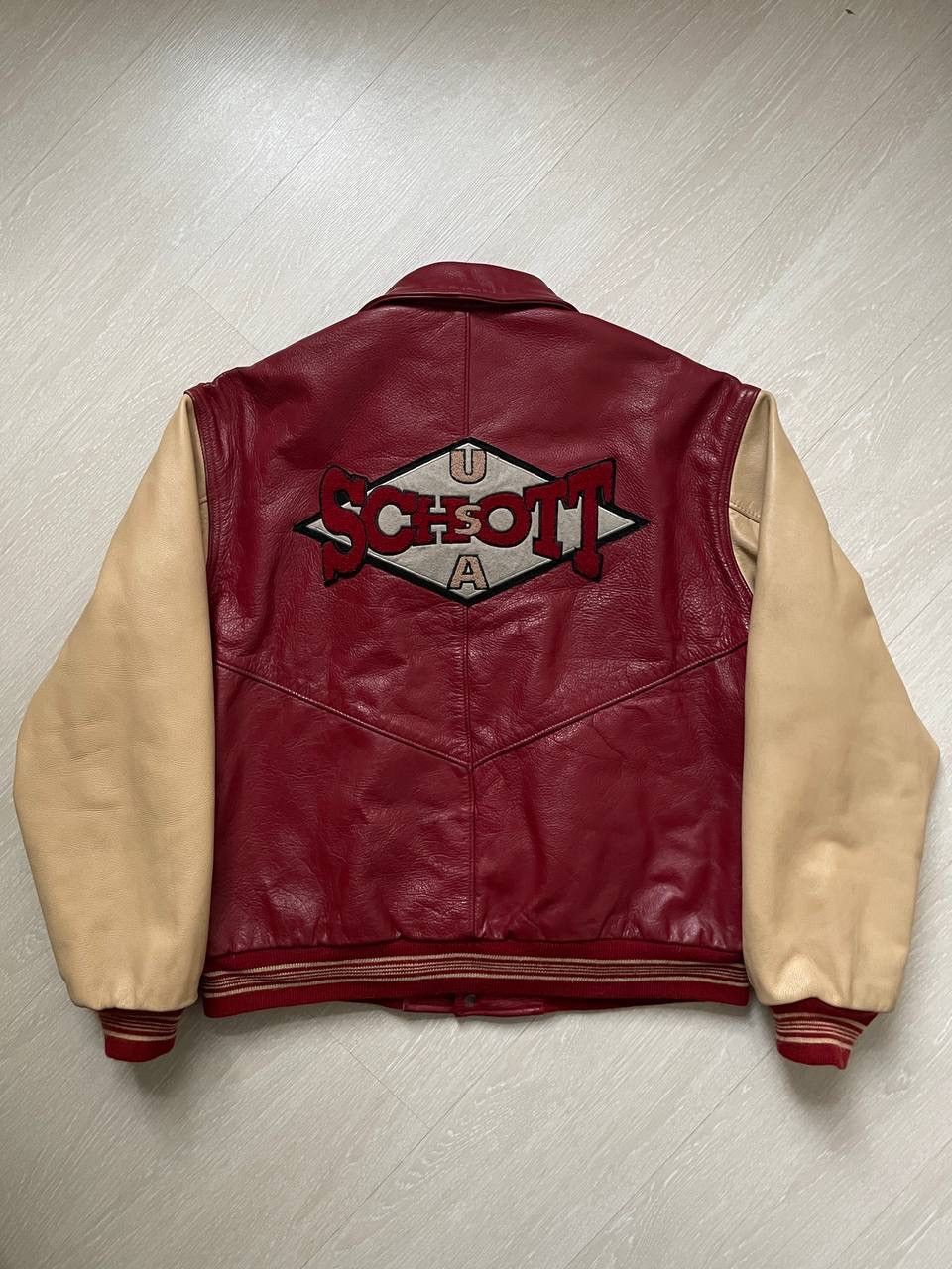 image of 90's Vintage Schott Varsity Leather Jacket Made In Usa in Red, Men's (Size Large)