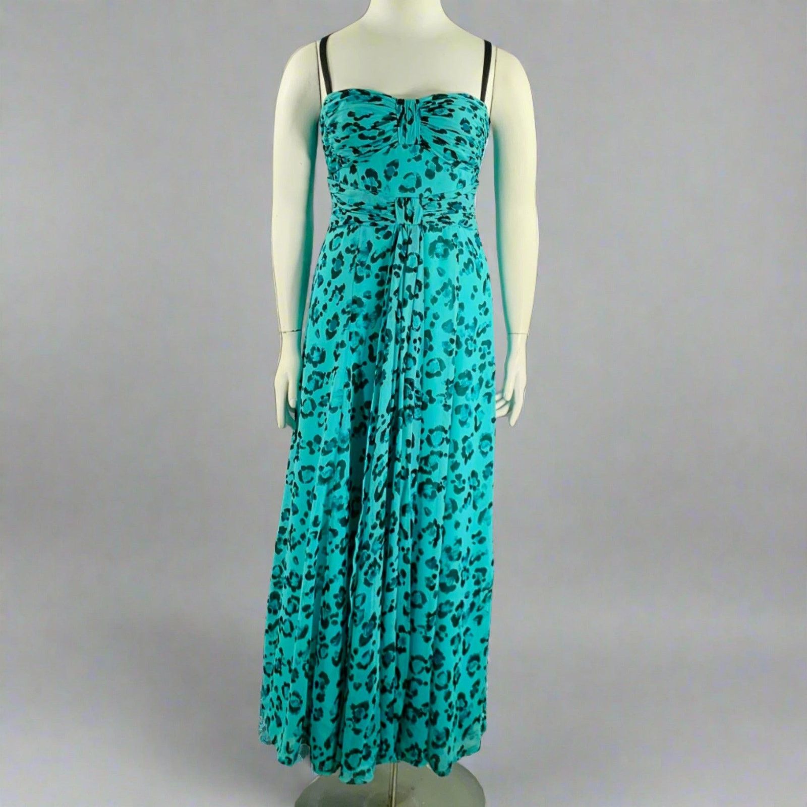 Size 10 Black Turquoise Silk Animal Print Ruched Dress