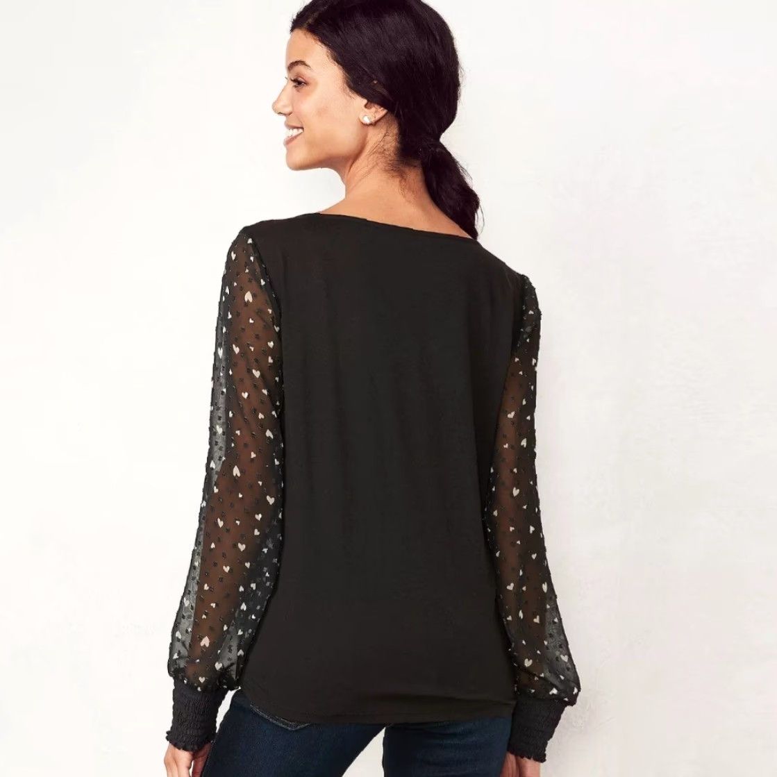 Vintage LOVE SCARLETT Blouse Women's XL Black Smocked Swiss Gold Dot Bell Sleeve Round Neck Pullover Size XL / US 12-14 / IT 48-50 - 2 Thumbnail