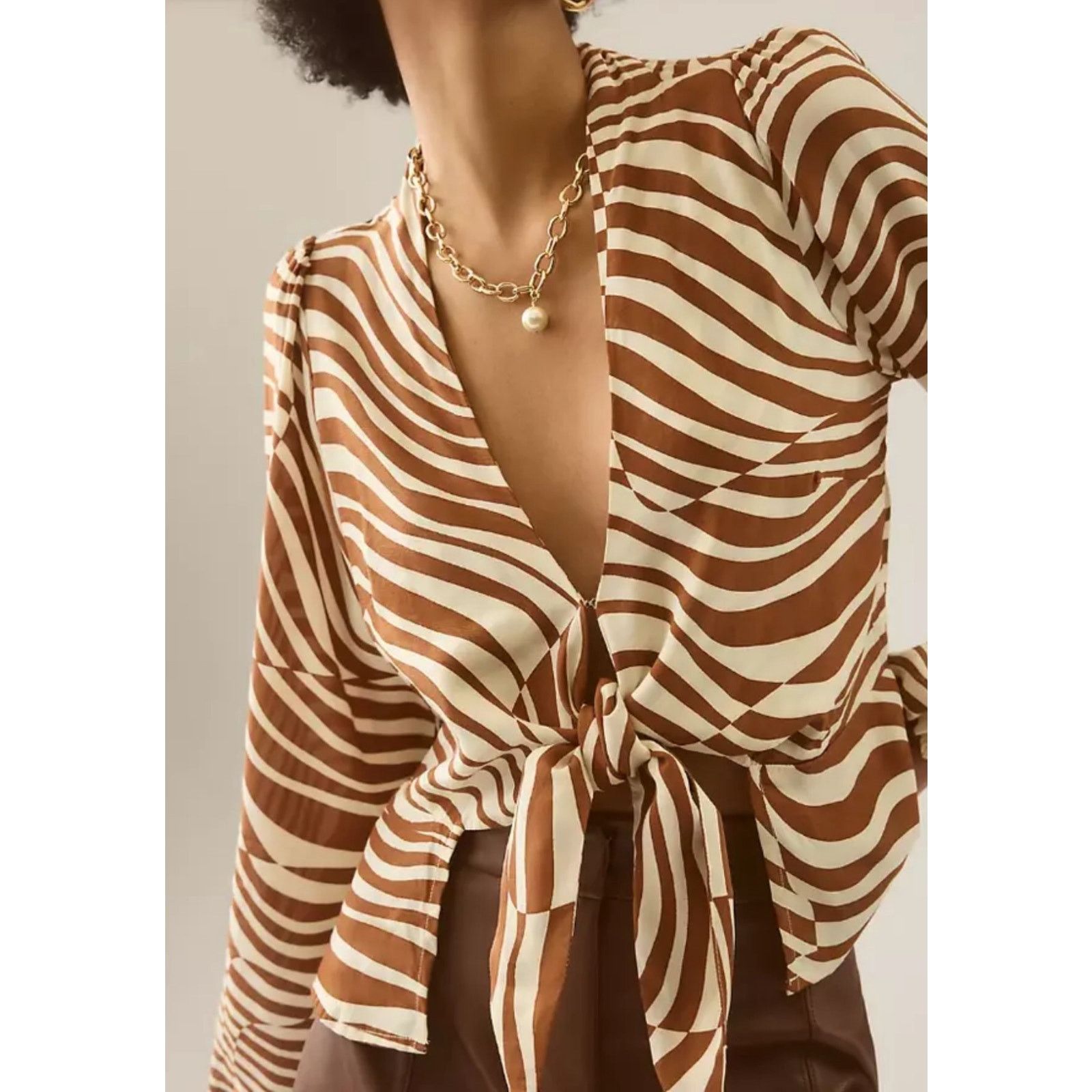 FAITHFULL NWT Faithfull The Brand Tie Blouse Brown White Print Sz 4 Size S / US 4 / IT 40 - 2 Thumbnail