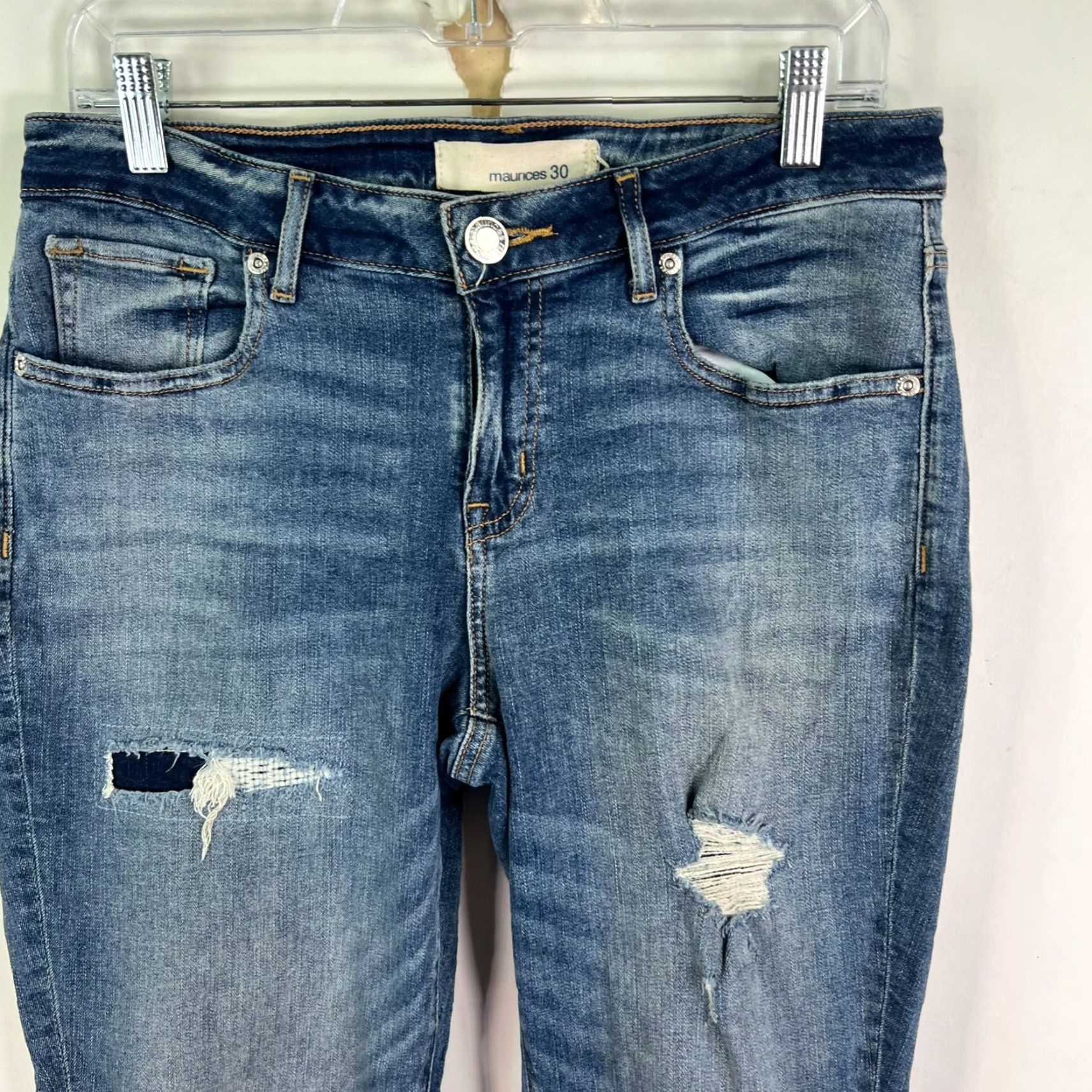 Vintage Maurice's Jeans Womens Distressed Skinny Leg Cropped Denim Blue 30 Regular 5-Pocket Zipper Button Maurices Size 30" / US 8 / IT 44 - 2 Thumbnail