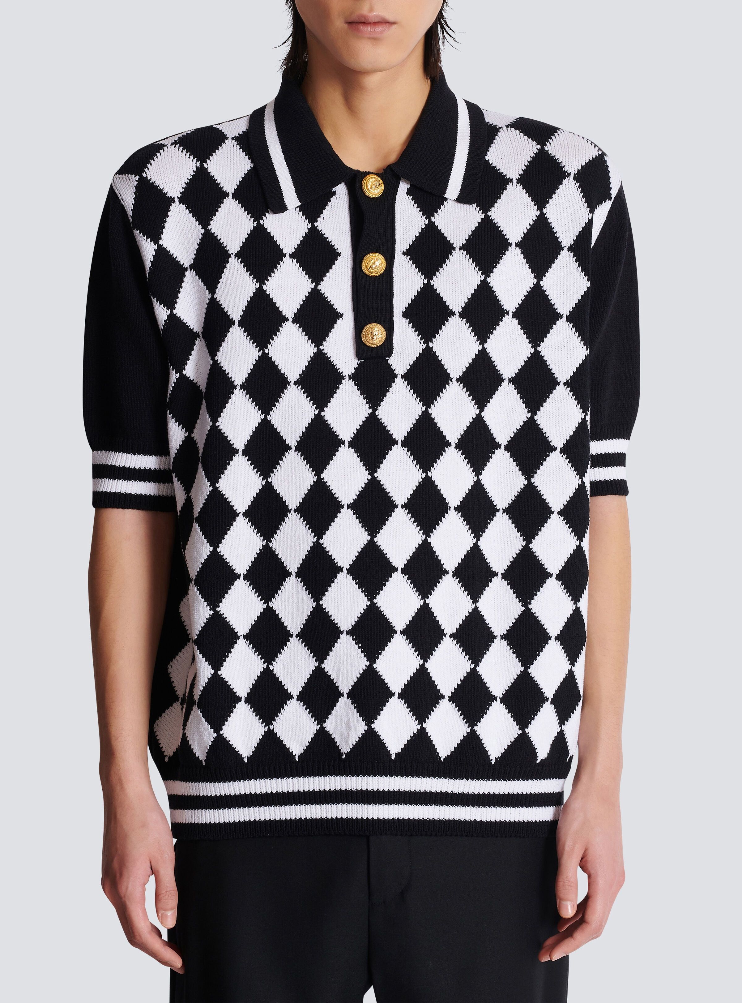 Balmain o1s1wg110925 Knitted Diamond Polo Shirt in Black/White Size US XL / EU 56 / 4 - 3 Thumbnail
