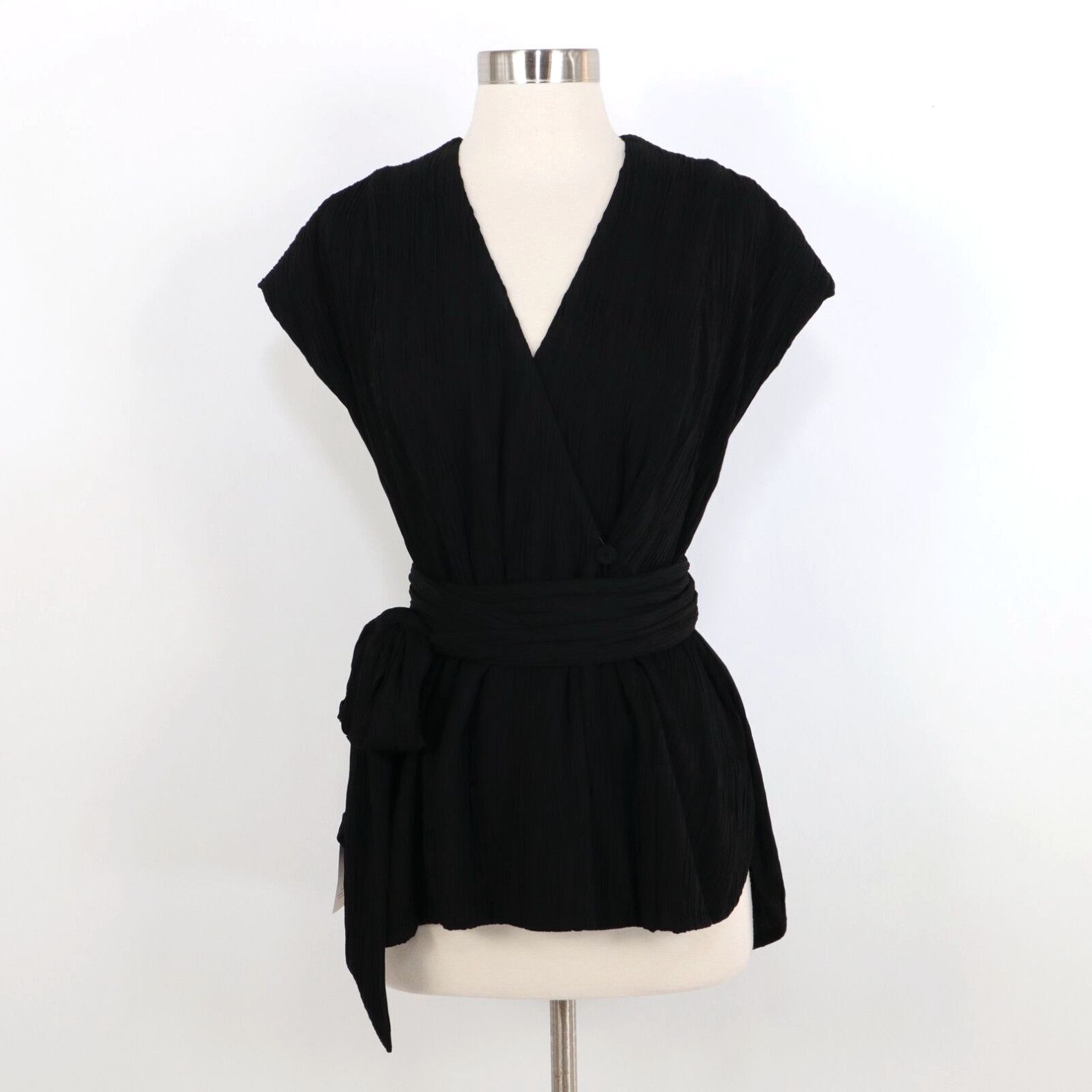 image of Vintage Mm.lafleur Valerie Blouse Top Xs New Black Pleated Sleeveless Wrap Stretch $225 in White, W