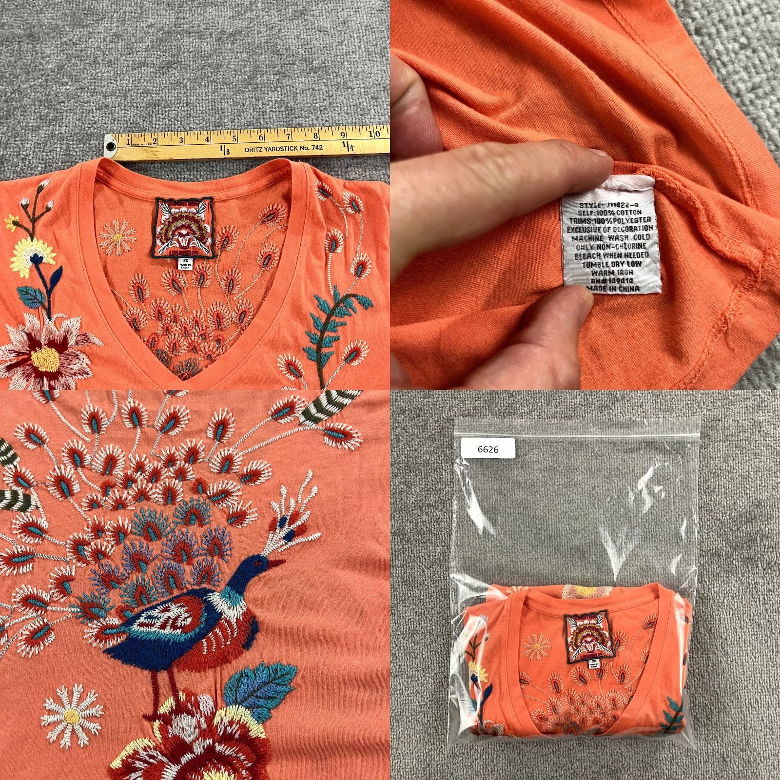Johnny Was Johnny Was Womens XS Orange Grace Floral Embroidered Blouse V-Neck Flutter Top Size XS / US 0-2 / IT 36-38 - 8 Thumbnail