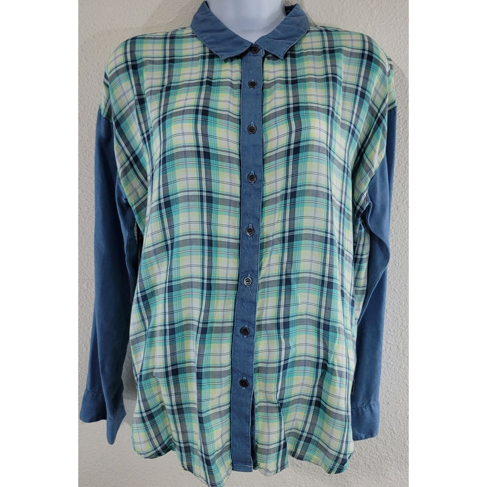 Lee Lee Blue Green Plaid Button Up Shirt Large Blue Solid Sleeve Size L / US 10 / IT 46 - 1 Thumbnail