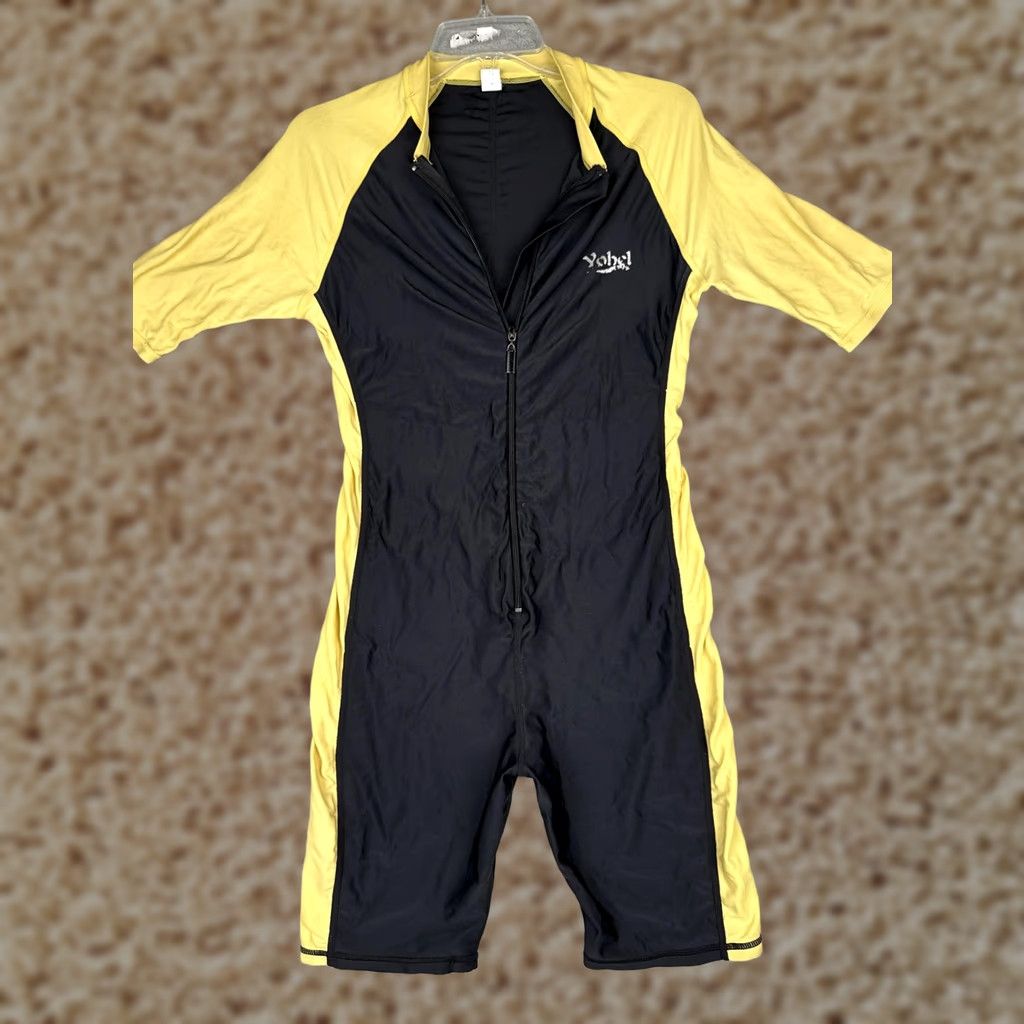 Swims Yob! UV Sun Suit Womens XL Black Yellow Colorblock Zip Short Sleeve Swim Surf Size 40" / US 18 - 1 Thumbnail