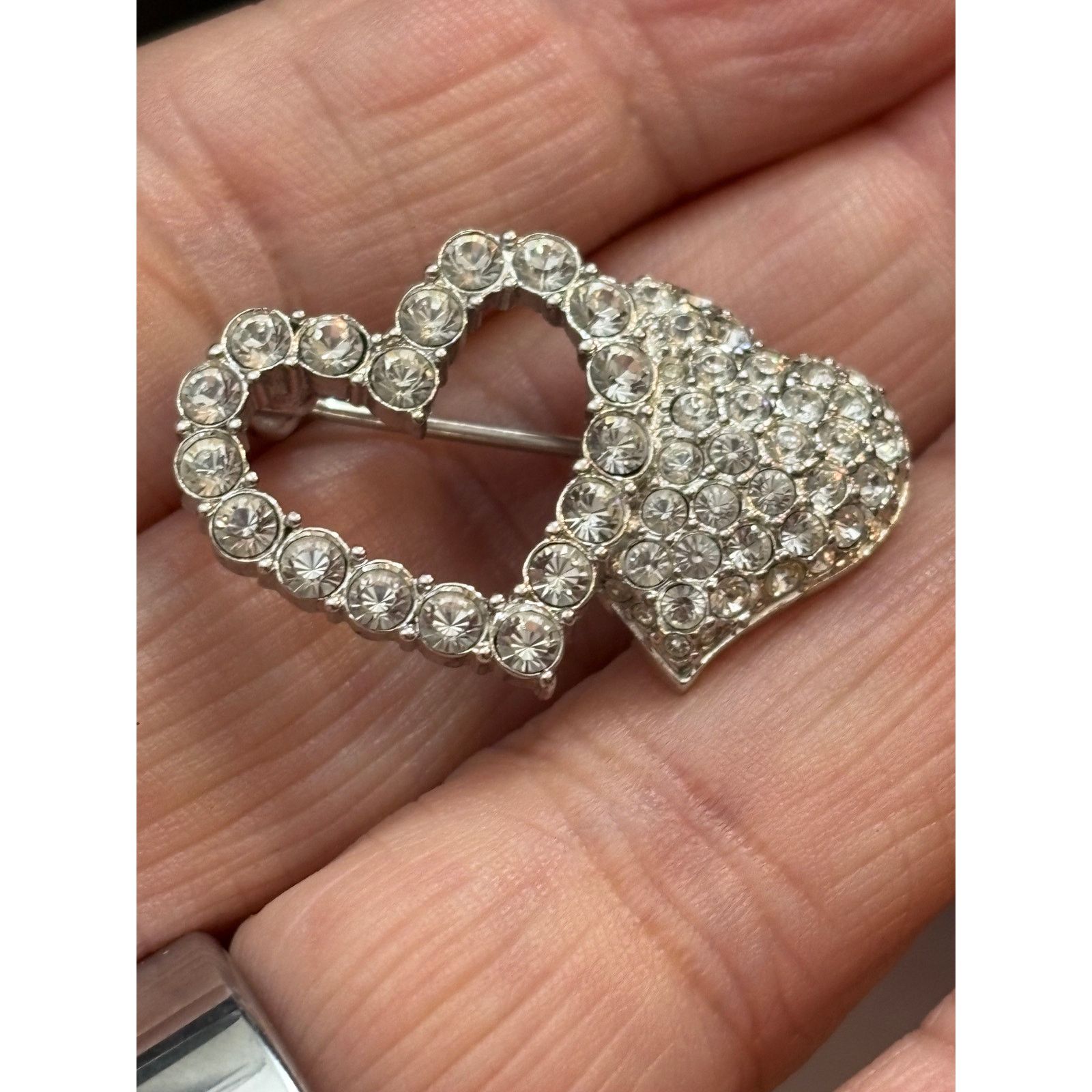 Swarovski Double Heart Crystal Brooch Silver Tone
